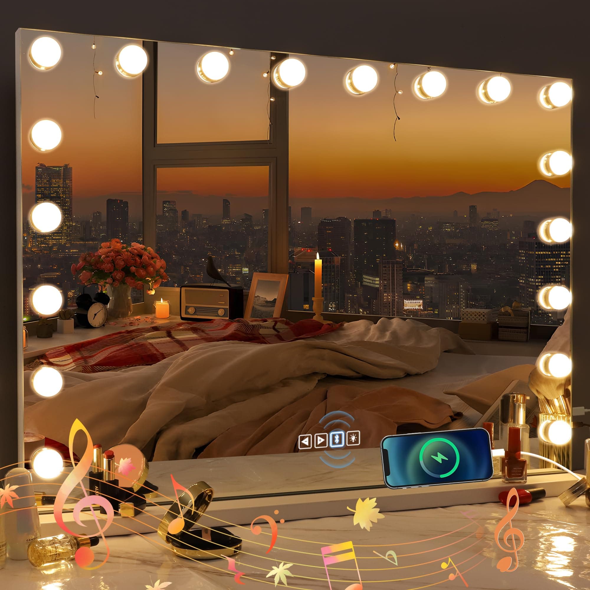 Misavanity Large Vanity Mirror with Lights 31.40’’ x 23.40’’ Tempered Galss Speaker Lighted Hollywood Mirror with 18 LED Dimmable Bulbs 3 Lighting Modes USB Charging Port and 10X Magnification, White