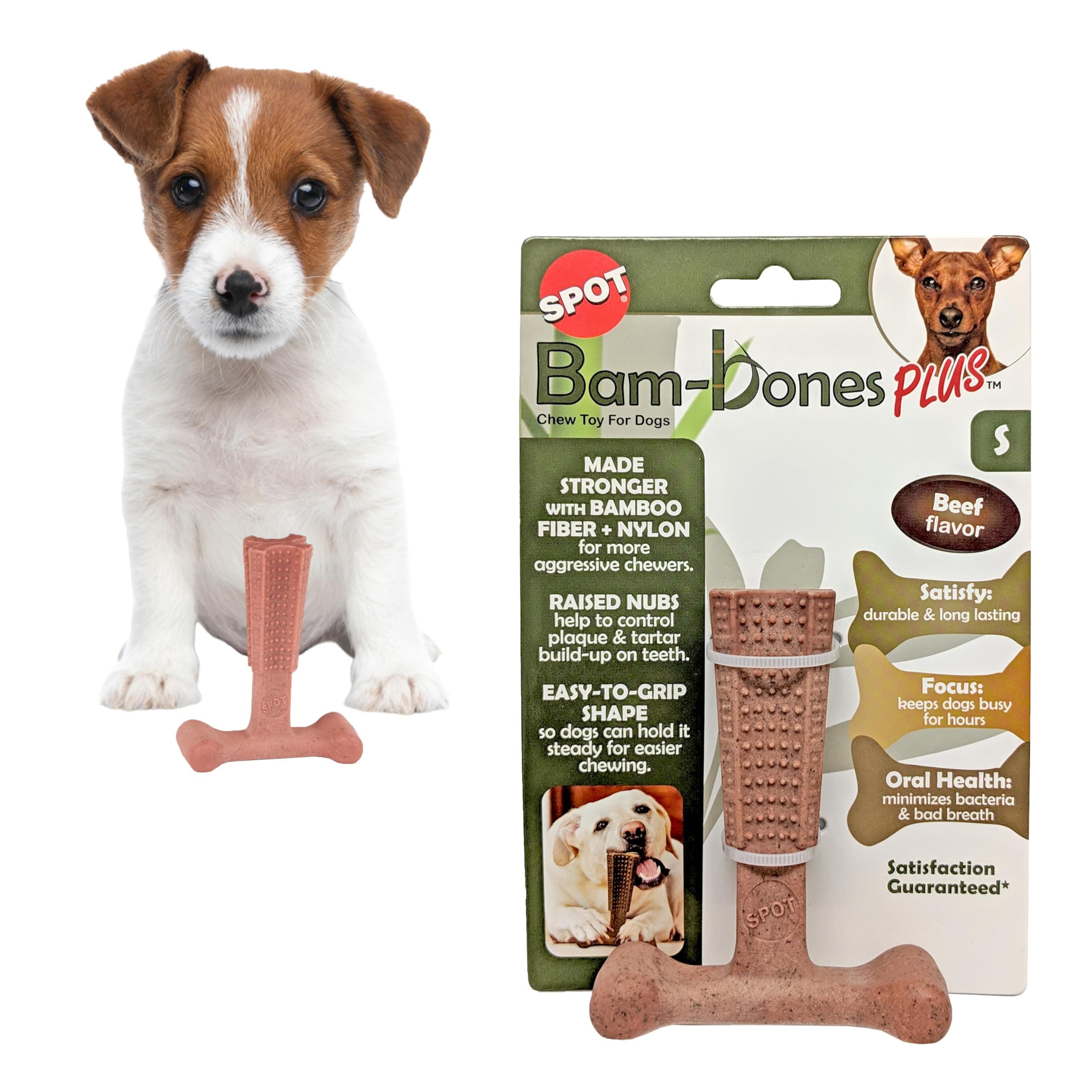 Spot by Ethical Products - Bambone Plus - Easy Grip Durable Dog Chew Toy for Aggressive Chewers - Great Dog Chew Toy Puppy and Dog Toy - Beef - Small