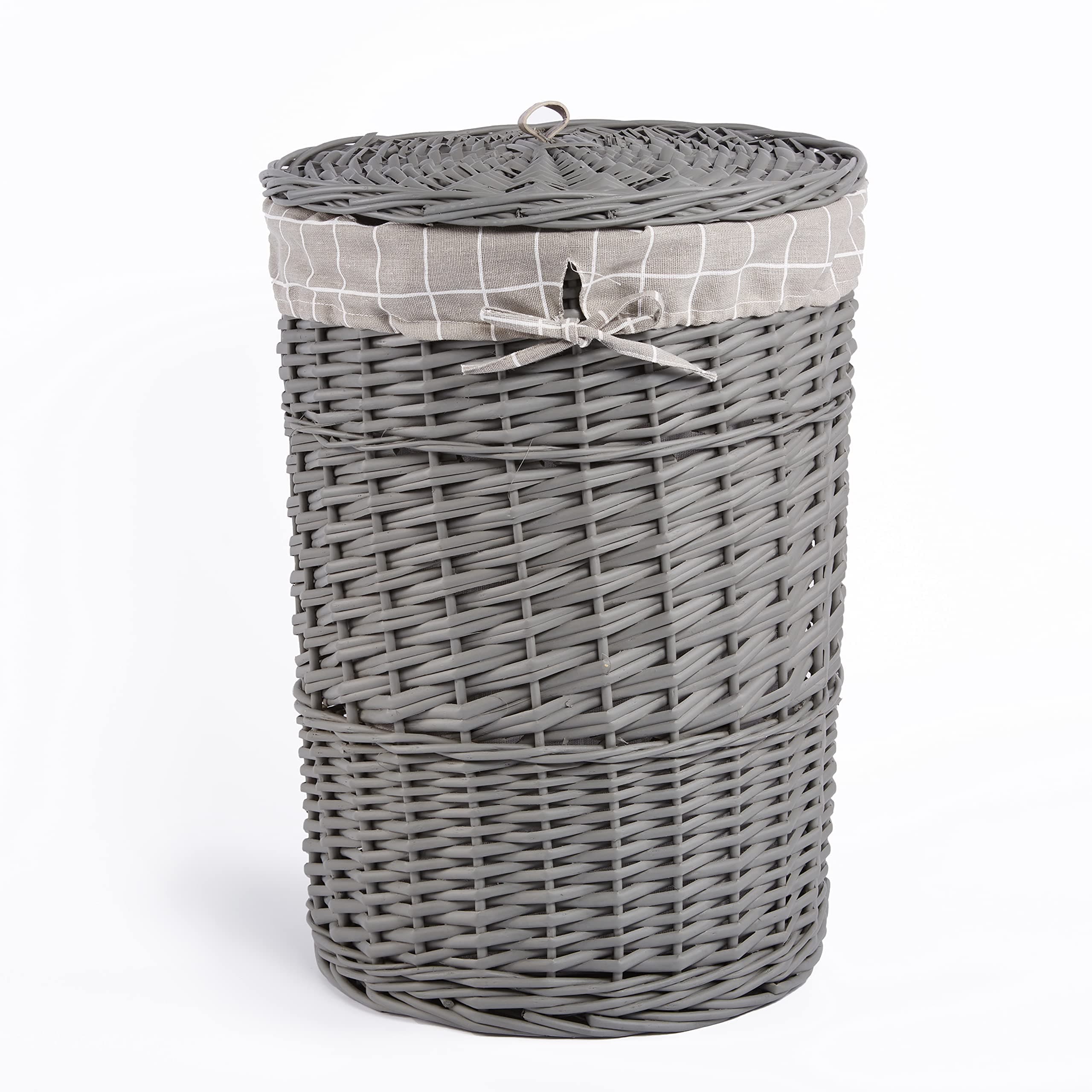 Grey Painted Round Wicker Laundry Basket Cotton Lining With Lid