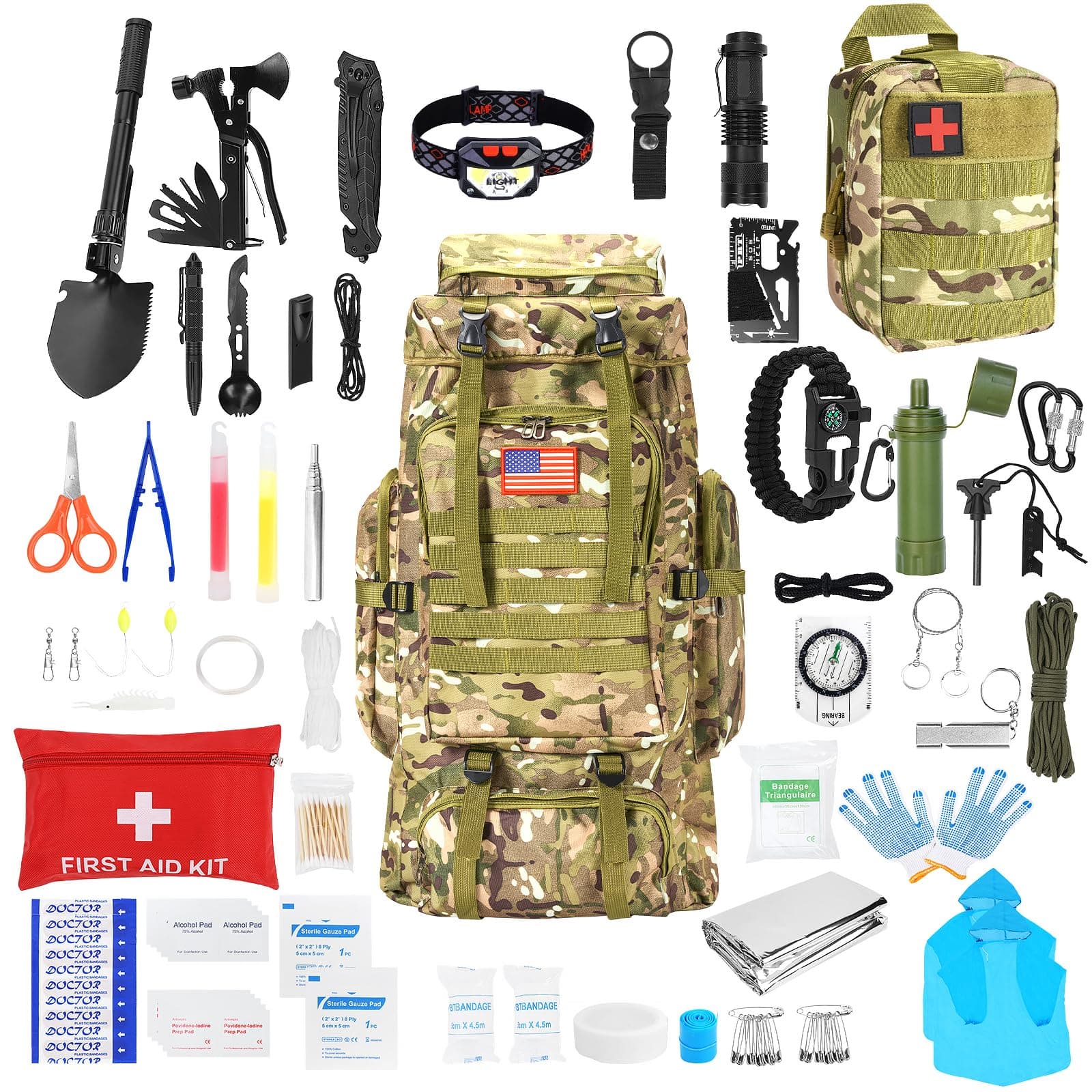 Survival Gear Professional Kit and Large Camping Backpack,First Aid Kit for Adventure Outdoor Hiking Accessories (Outdoor camo)