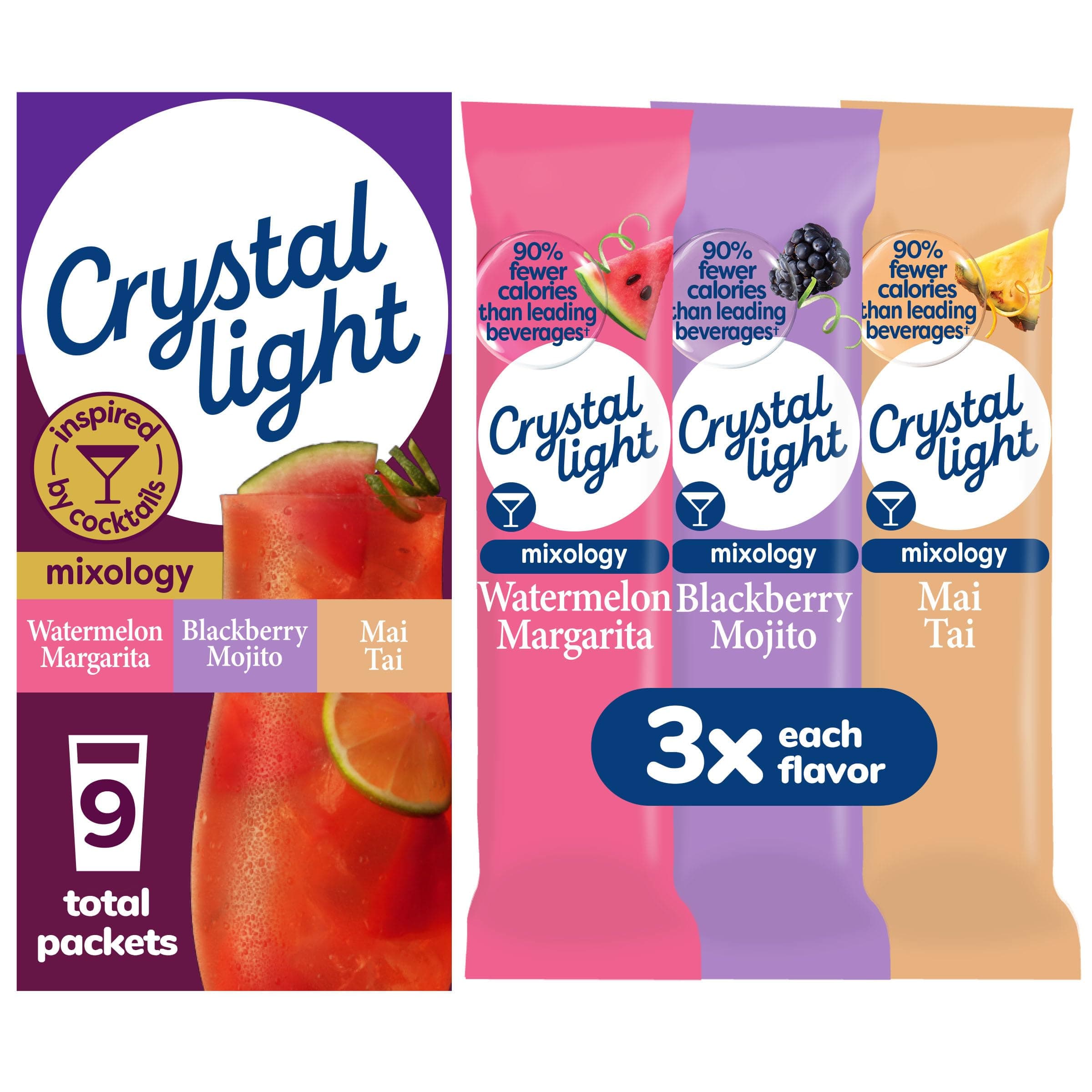 Crystal Light Mixology Drink Mix Variety Pack, 9 Packets, for Convenient On-the-Go Flavorful Hydration, Artificially Flavored Watermelon Margarita, Blackberry Mojito, Mai Tai, Zero Sugar, 1.17 oz
