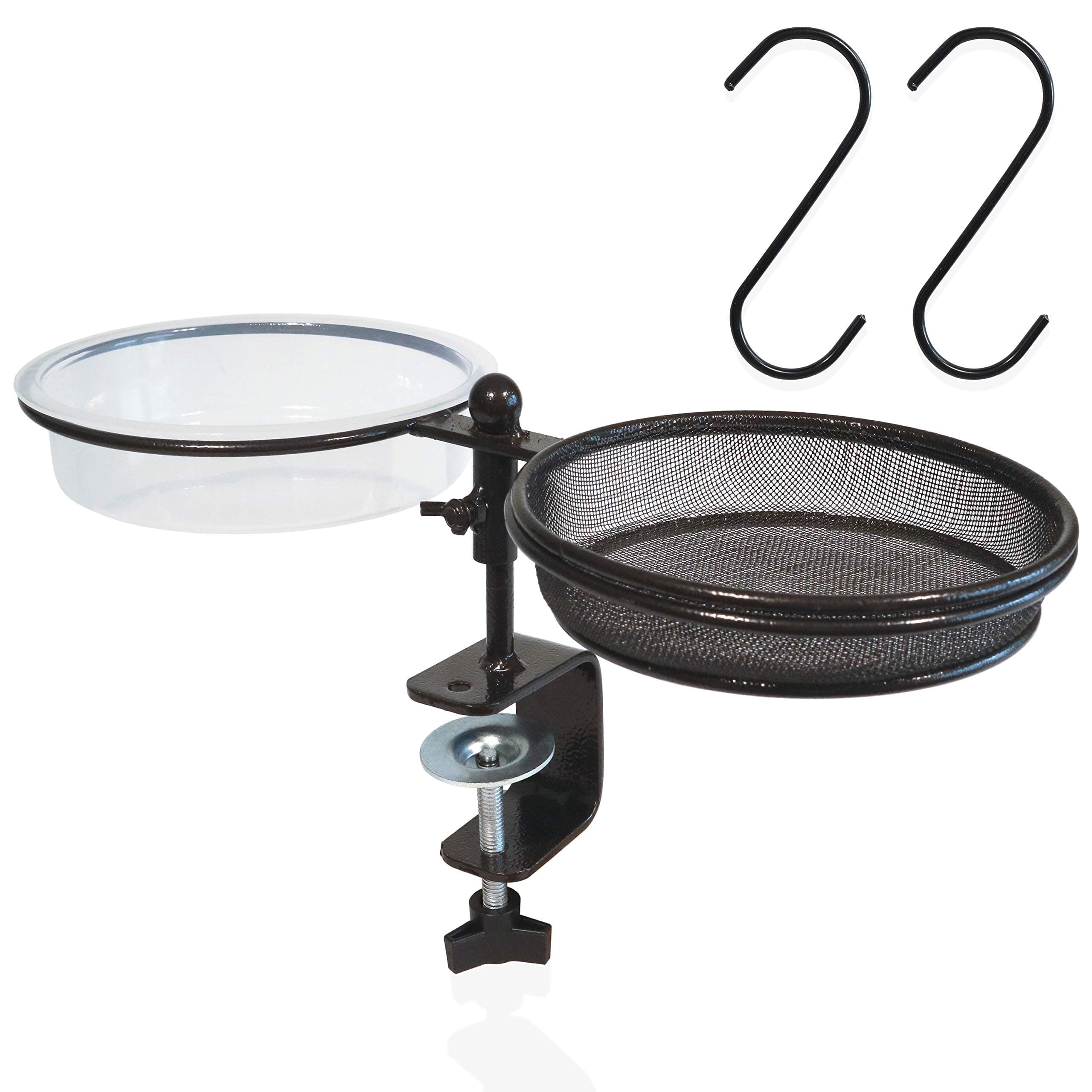 llevantics Deck Bird Feeder - Rail Mounted Bird Bath for Balcony and Railing - with Seed Tray and Water Bowl Spa for Birds - with Adjustable Clamp Bracket - Includes Hanging S-Hooks