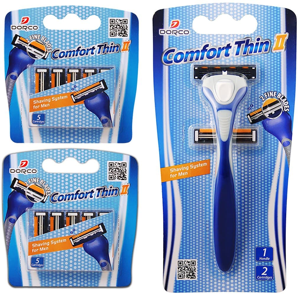 Dorco Comfort Thin II- Two Blade Razor Blade Shaving System (12 Pack + 1 Handle)