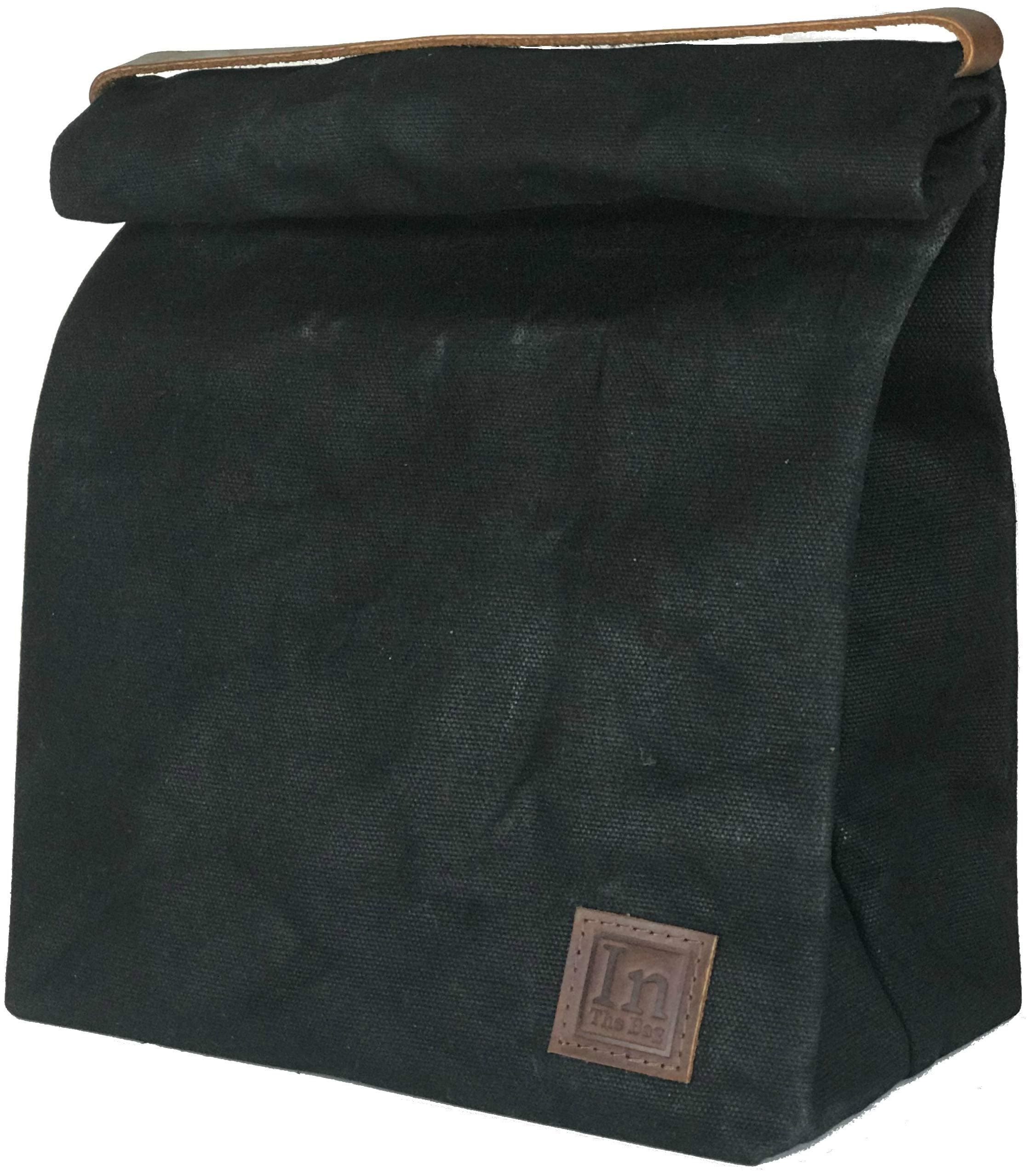 Lunch Bag (Lunch Box) Large Lined Waxed Canvas Roll Top Tote Bag; Leather Handle and Brass Snap Closure - Black Bag - by In The Bag