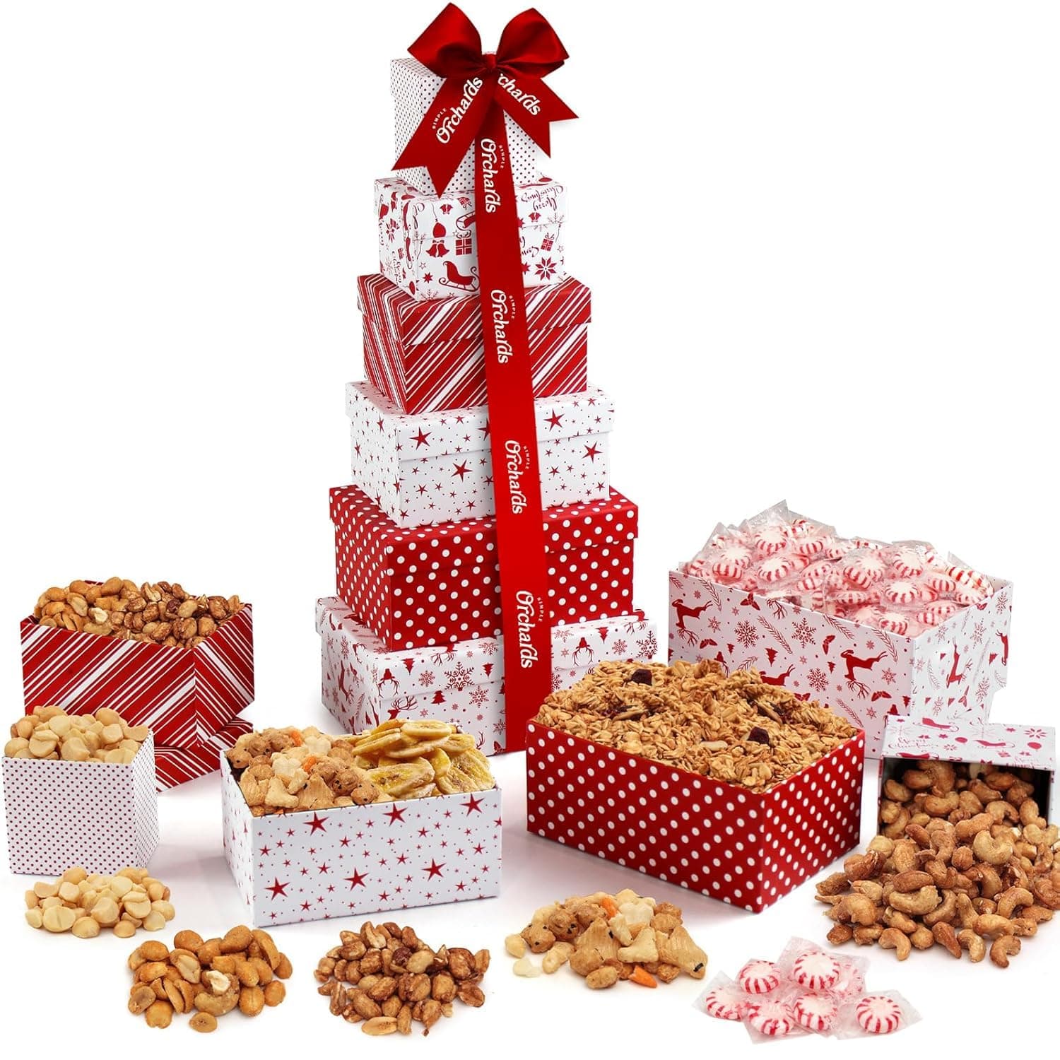 Gift Basket Tower with Fresh Nuts & Snacks, Gourmet Cravings Indulgence - 6 Tier Food Basket Gift Set, Great Gift Present for Men & Women.