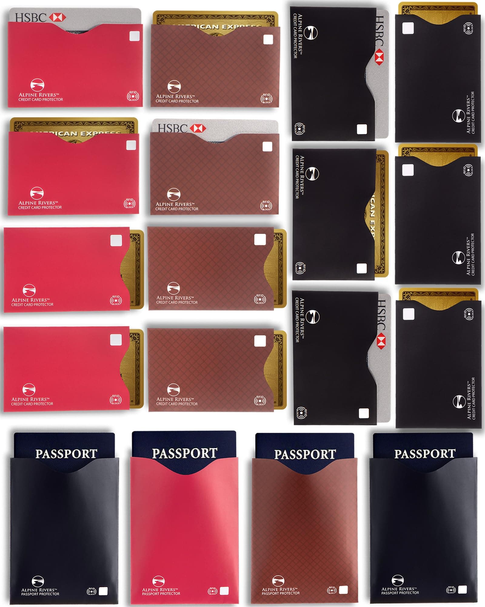 RFID Blocking Sleeves 18 Pack - Multi-Color Credit Card Protectors (7 Top-Load, 7 Side-Load) and 4 Passport Holders | NFC Blocker 13.56 MHz | Bank Debit ID Covers | Everyday and Travel