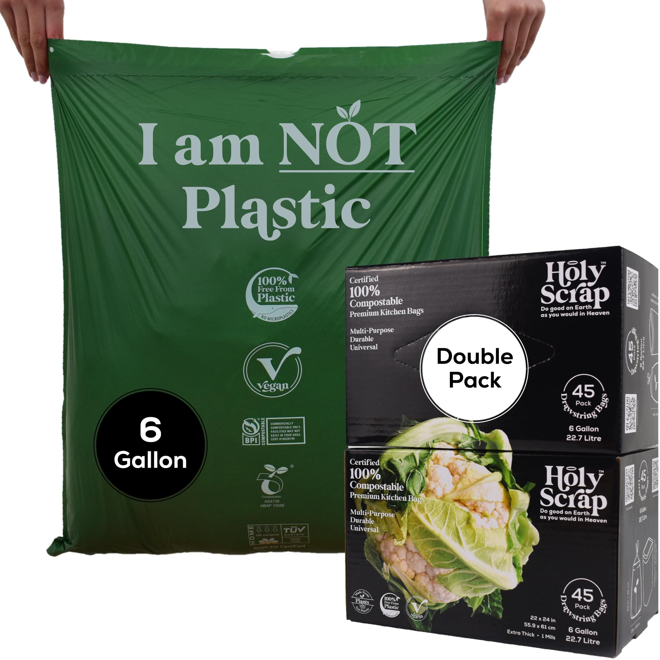 Medium Compostable Drawstring Trash Bags - 6-8 Gallon, 90 Pack | Plastic-Free Kitchen & Bathroom Garbage Bags with Drawstring Handles | Thick Bin Bag Liners for Green & Food Waste