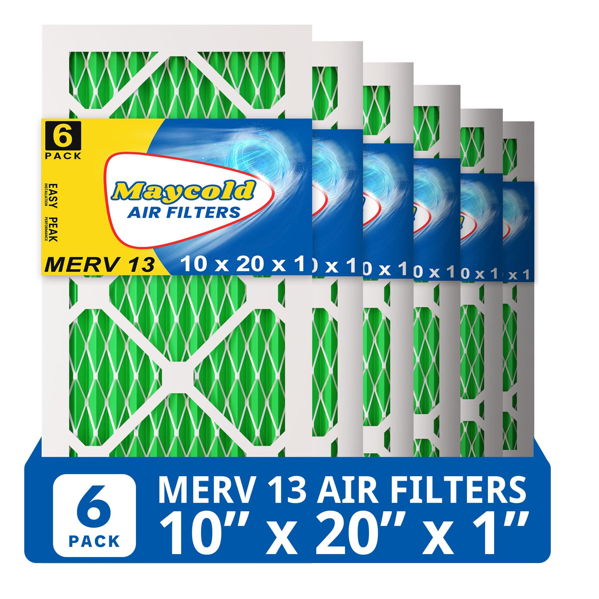 Maycold MERV 13 10x20x1 Air Filter (6-Pack), High-Efficiency Pleated AC & Furnace Filters, Actual Size: 9.70” x 19.50” x 0.75”, Individually Wrapped in Plastic
