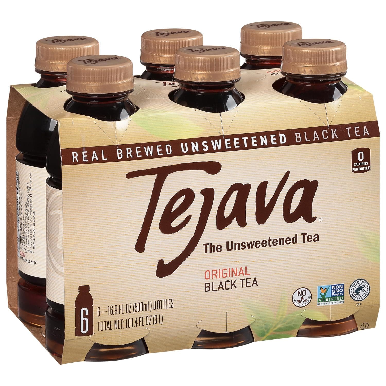 Tejava Original Unsweetened Black Iced Tea, 6 Pack, 16.9oz PET Bottles, Non-GMO, Kosher, No Sugar or Sweeteners, No calories, No Preservatives, Brewed in Small Batches