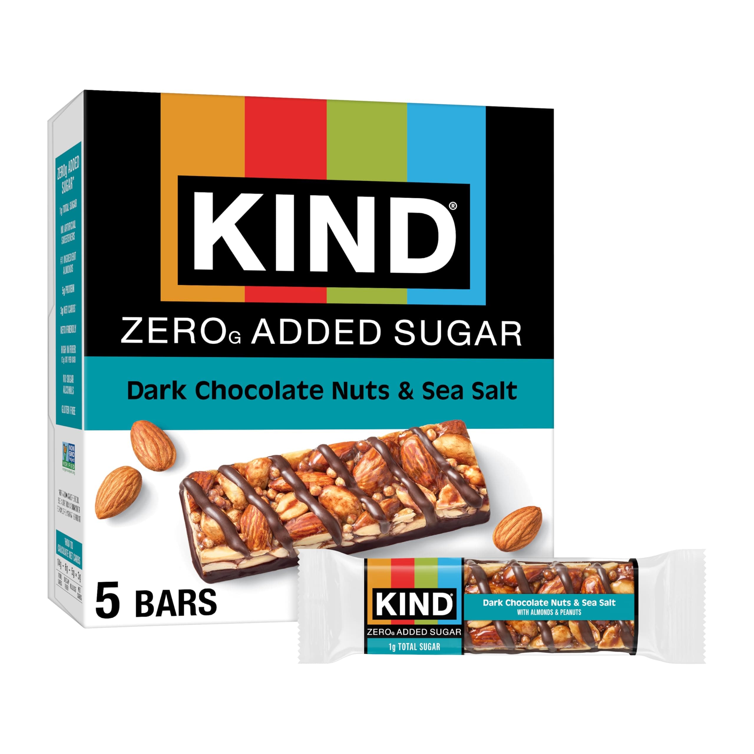 KIND ZERO Added Sugar Bars, Dark Chocolate Nuts and Sea Salt, Keto Friendly S...