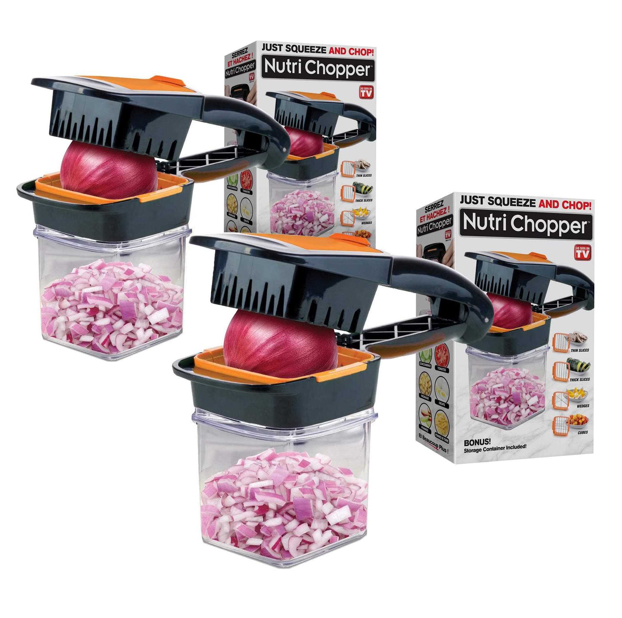 Nutrichopper with Fresh-keeping container Vegetable Chopper Onion Egg Slicer - Slices Cubes Wedges Multi-purpose Food Stainless Steel Blades Veggie As Seen On TV Set of 2