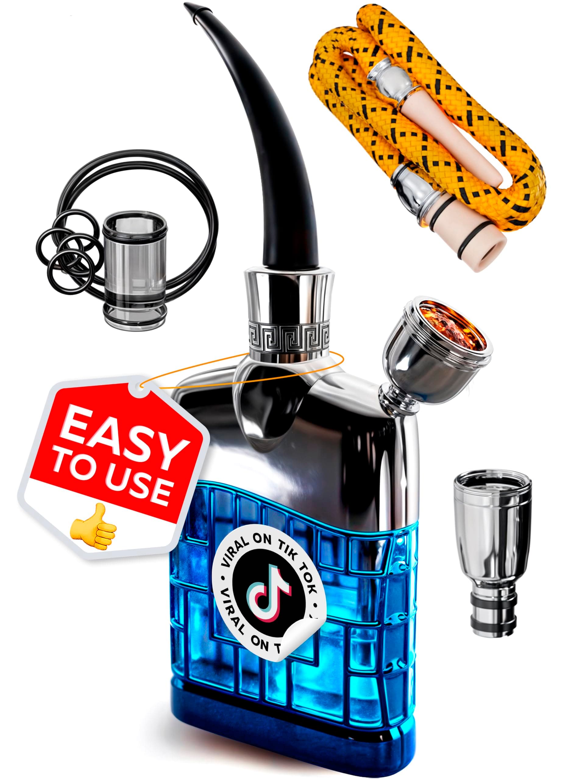 Blue Portable Hookah Set For Car - Blue & Silver Mini Hooka - Small Hookah Set For Travel - Personal Hookah To Go