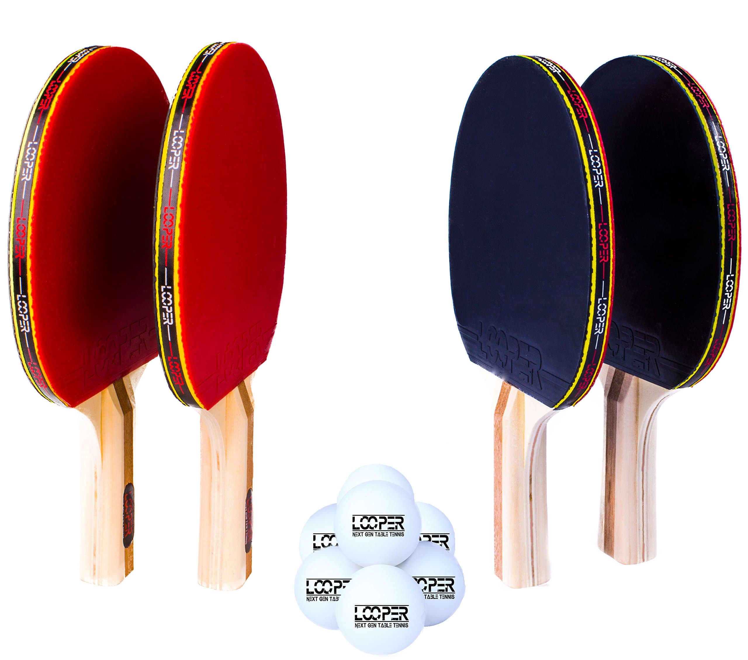 Looper Premium 4 Paddle 8 Ball Ping Pong Set & Easy-Store Case | 6 Star Table Tennis Racket | Top Tier Bat, Rubber, Sponge, and Solid Wood Grip | Best Pack for Youth to Professional ITTF Game Players