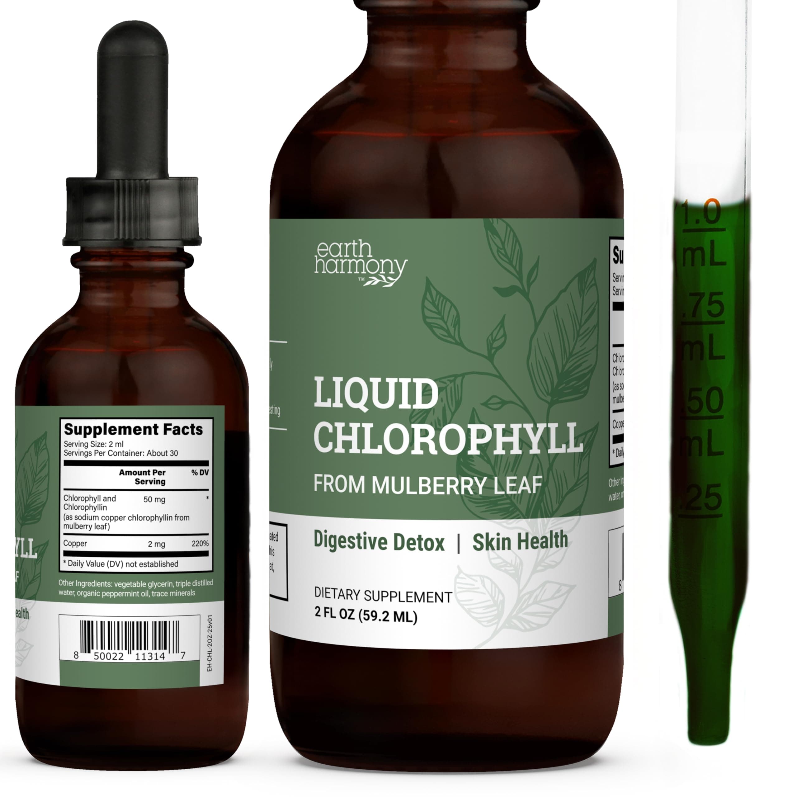 Earth Harmony Liquid Chlorophyll, Liquid Drops for Immune System Support, Natural Internal Deodorant, Vegan Chlorophyll Drops with Organic Glycerin-Clorofila Liquida, Chlorophyllin Detox Cleanse(2oz)