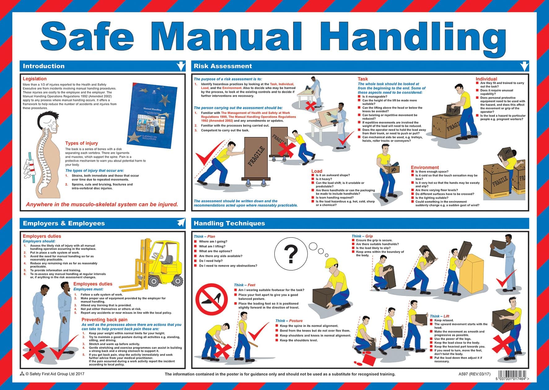 Safety First Aid Group Safe Manual Handling Poster - Laminated (A2)