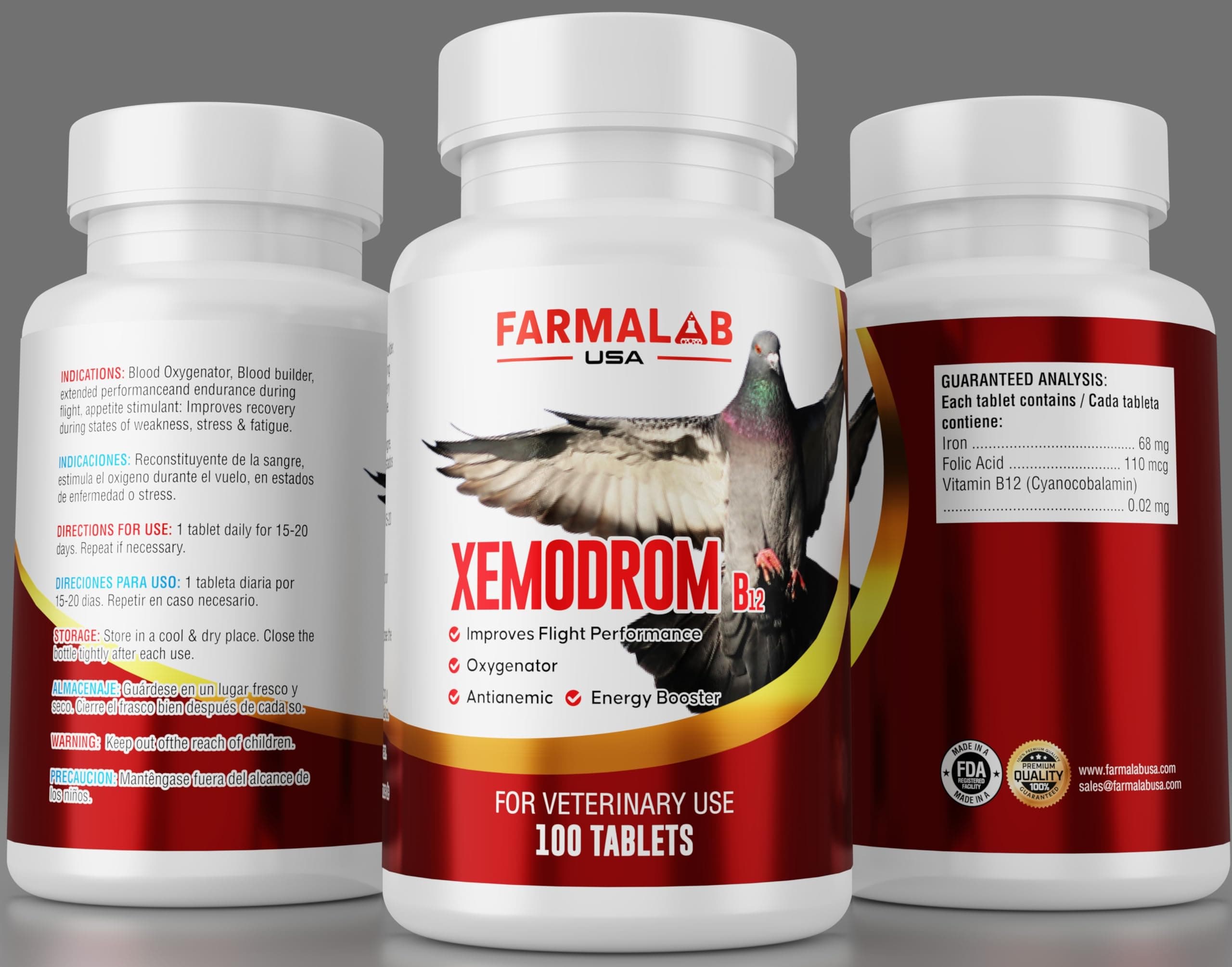 Xemodrom B-12 Supplement for Pigeons, 100 Tablets, Improves Flight Performance, Oxygenator, Antianemic, Energy Booster para Palomas Farmalab