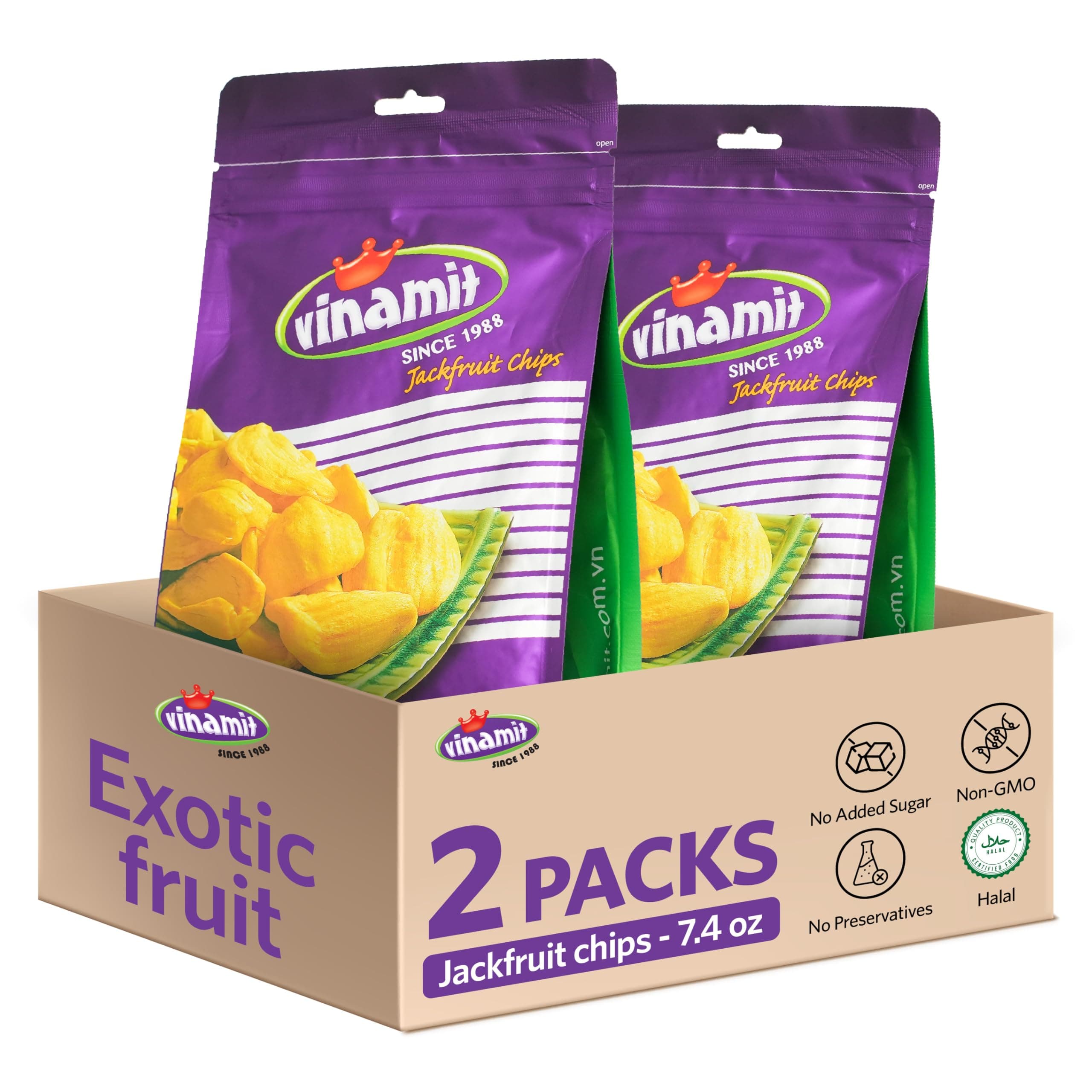 Vinamit Ripened Jackfruit Chips, Unsweetened Crunchy Jackfruit, Pack 2 of 7.4 oz Bag | Naturally Sweet & Crispy | Gluten-Free, Vegan | Healthy Fruit Snacks for Adults, Kids, Gifting, Family Share