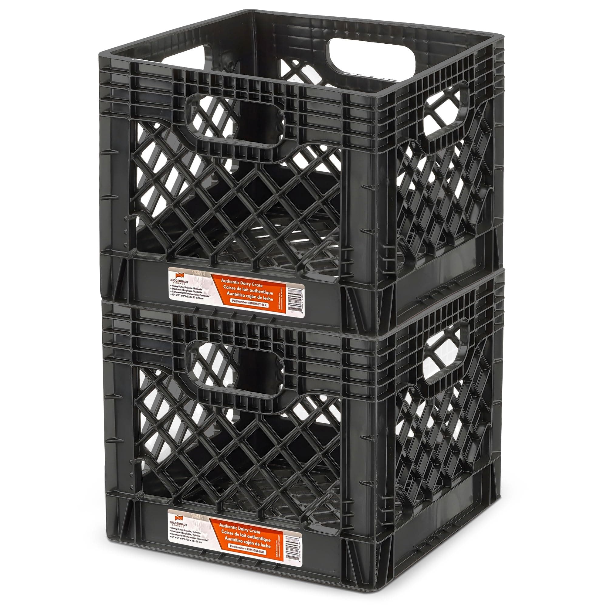 Juggernaut Storage 2-Pack Stackable Heavy Duty Milk Crates with Handles, 16 Qt, Black - Organizing Plastic Crate Basket for Grocery Shopping, Home Supplies, and Bathroom Accessories