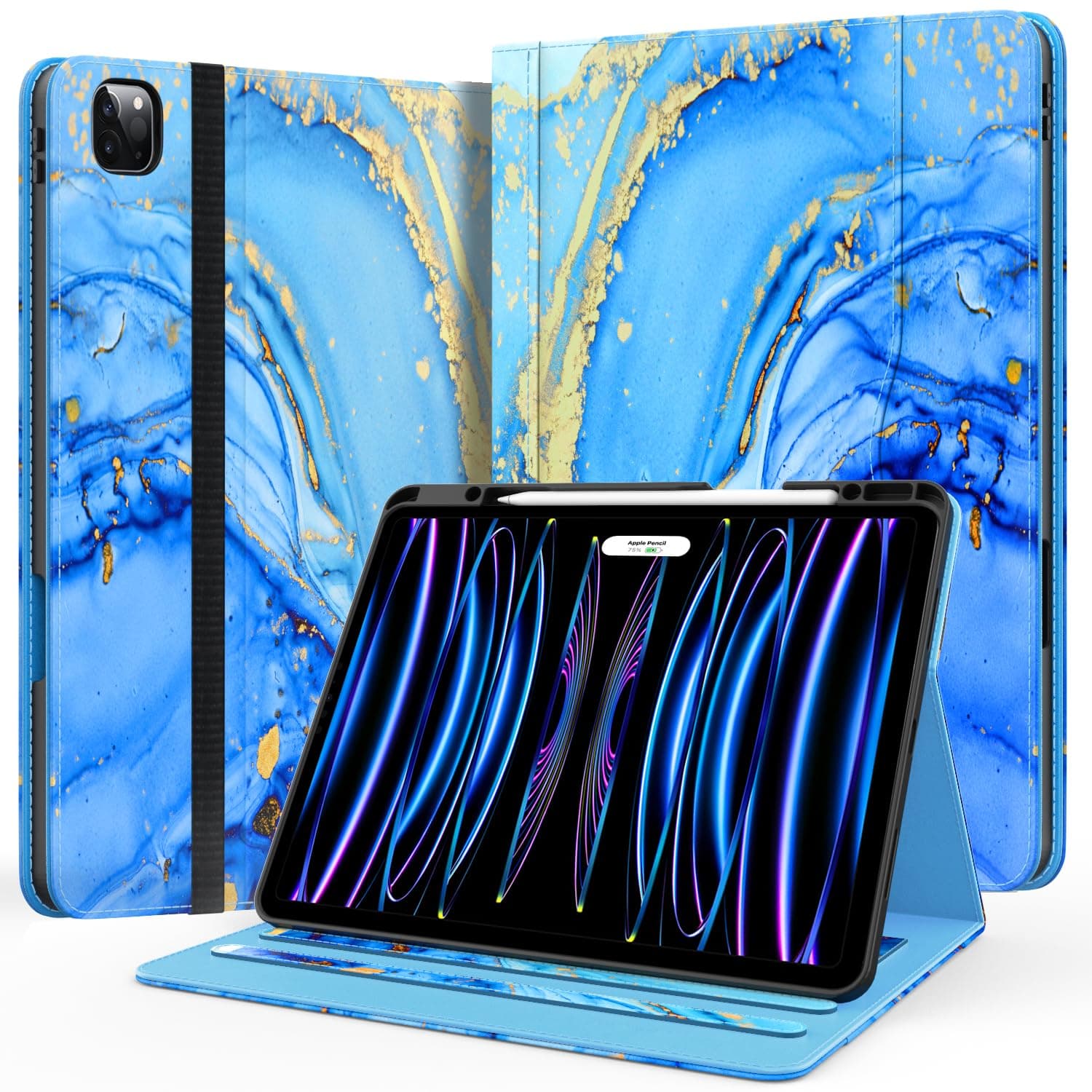 Case for New iPad Pro 12.9 inch 6th/5th/4th/3rd Generation 2022/2021/2020/2018, 12.9'' ipad Pro Leather Folio Protective Cover 6/5/4/3 Gen with Pencil Holder, Auto Wake/Sleep, Marble Blue