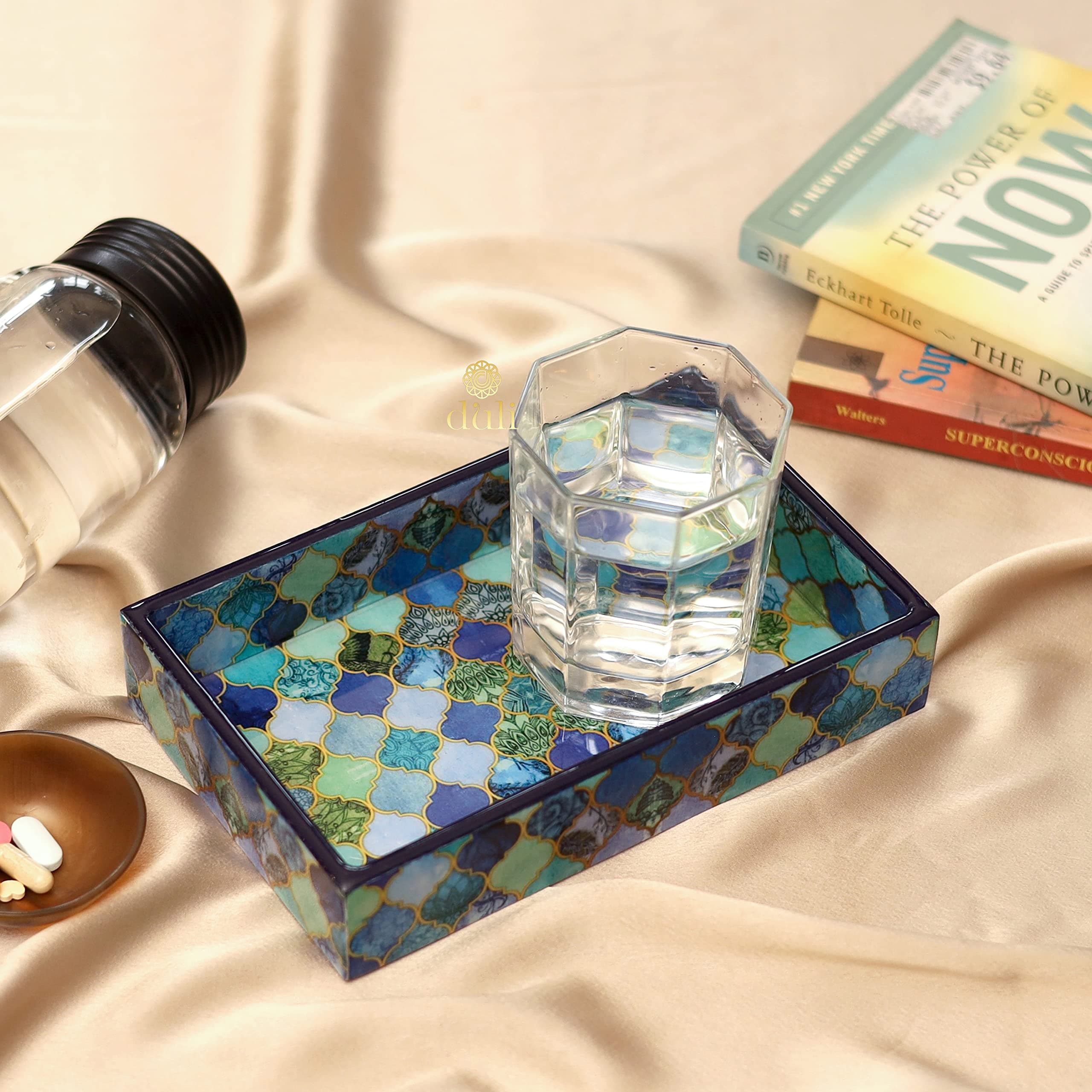 DULI Enamel Coated Multipurpose Tray in MDF | Serving Tray for Home & Dining Table | Multipurpose Tray | Water & Heat Resistant Durable (BlueDrop)