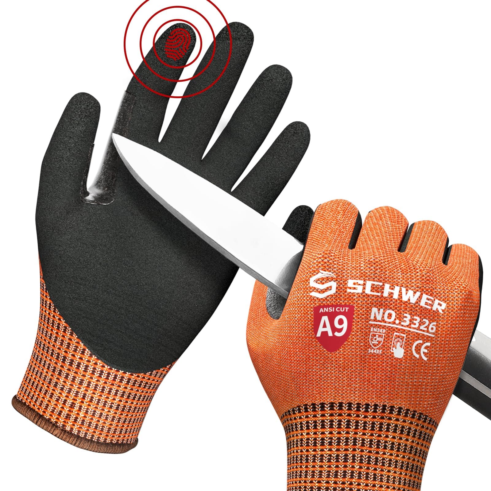 ProGuard Highest Level Cut Resistant Work Gloves PR3326 for Extreme Protection,ANSI A9 Cut Gloves with Reinforced Thumb, Non Slip, Breathable, Durable, Touch-screen, Orange 1 Pair(L)