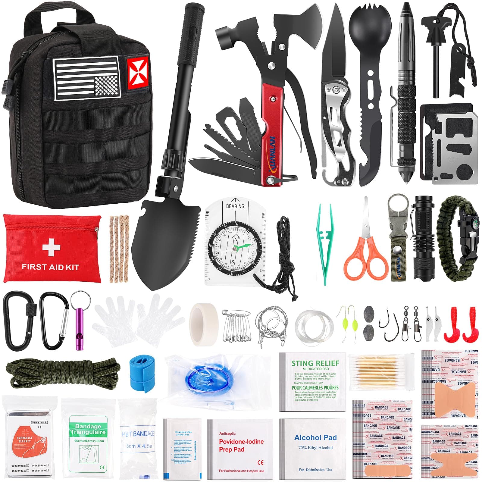 Survival First Aid Kit, 248PCS Survival Tools Camping Essentials Tactical Gear Emergency Trauma Medical Supplies Packed in a MOLLE Pouch, Saber Card,Cool for Men Camping Hiking Outdoor Activities