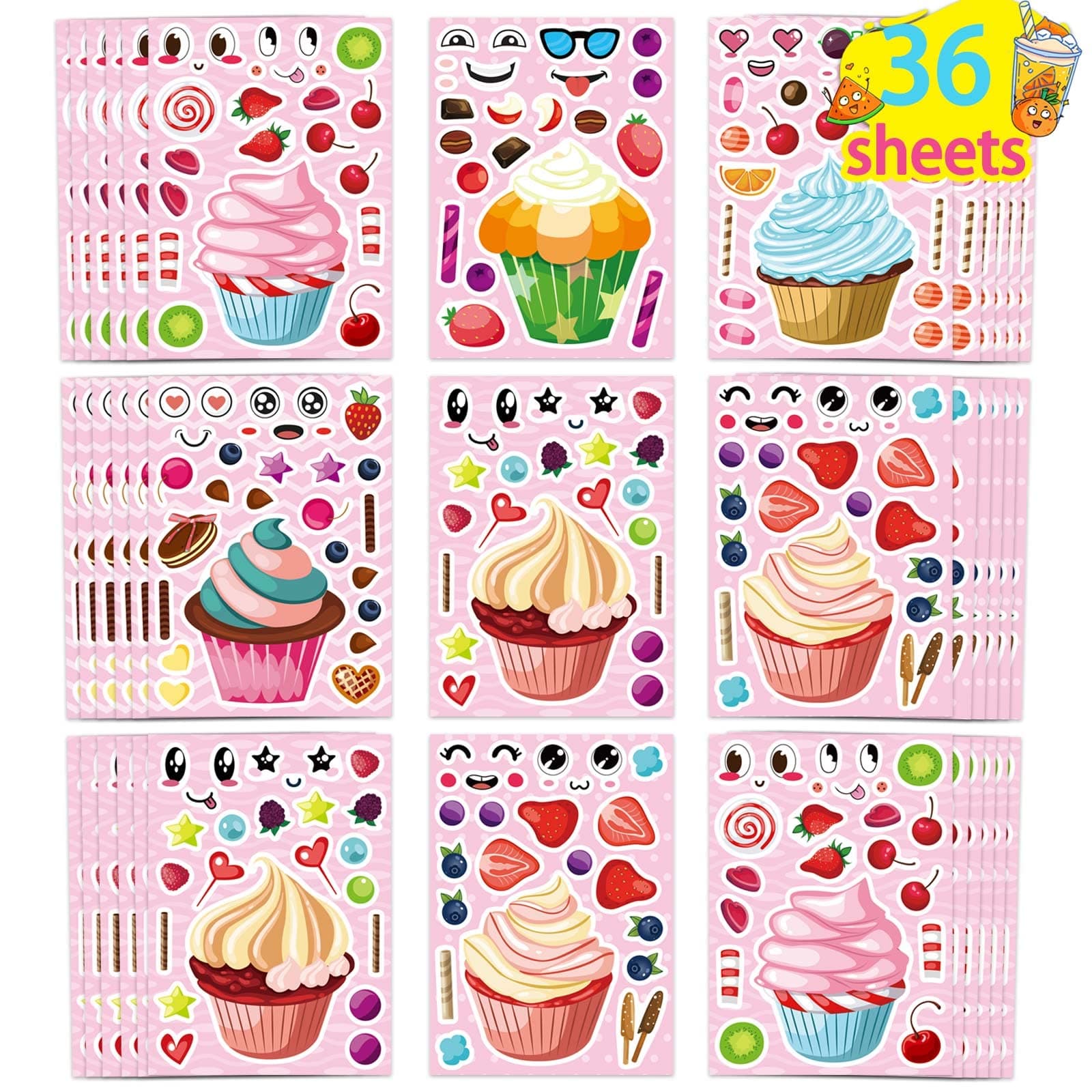 Cupcake Stickers, Make a Face Sticker Sheets for Kids, 36 Sheets Create Your Own Sticker, Tea Party Favors for Kids, Birthday Party Activities Exchange Gifts, Party Craft