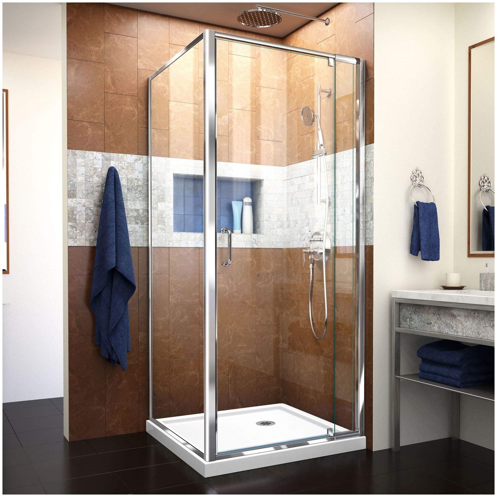 DreamLine Flex 32 in. D x 32 in. W x 74 3/4 in. H Semi-Frameless Pivot Shower Enclosure in Chrome with Corner Drain White Base, DL-6714-01CL