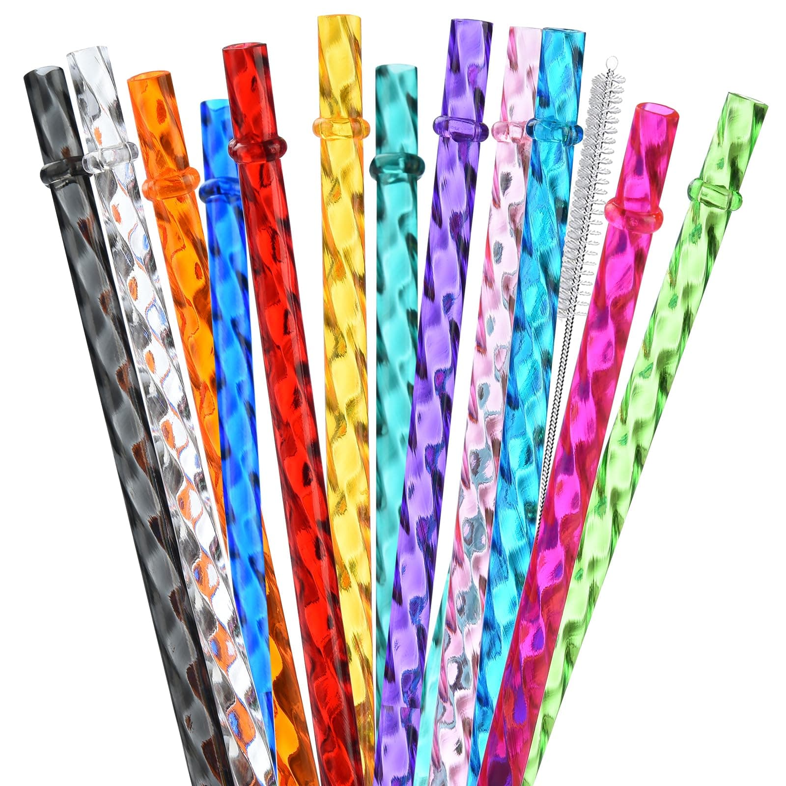 12-Pack Reusable Plastic Clear Swirl Straws, 11" Long Colorful Hard Plastic Tumbler Replacement Straws for 16 OZ 20 OZ 30 OZ Stanley, YETI, Starbucks, Owala Tumblers with Brush