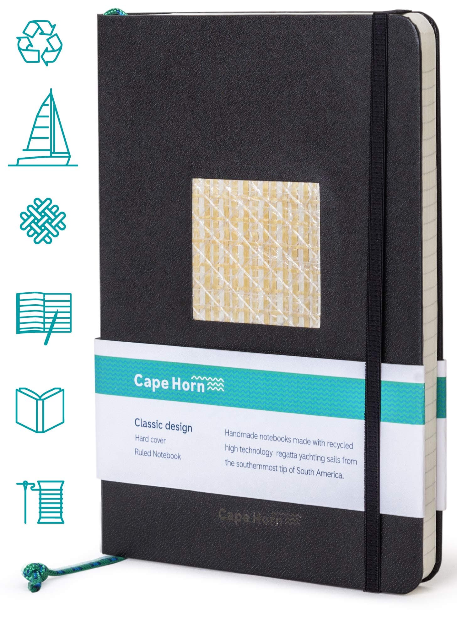 JOURNAL ONLY AVAILABLE AT > CAPEHORNSAILS C O M Writing Notebook. Logbook, Ruled and Hard Cover. Made with recycled High-tech Kevlar racing sailcloths from Patagonia.