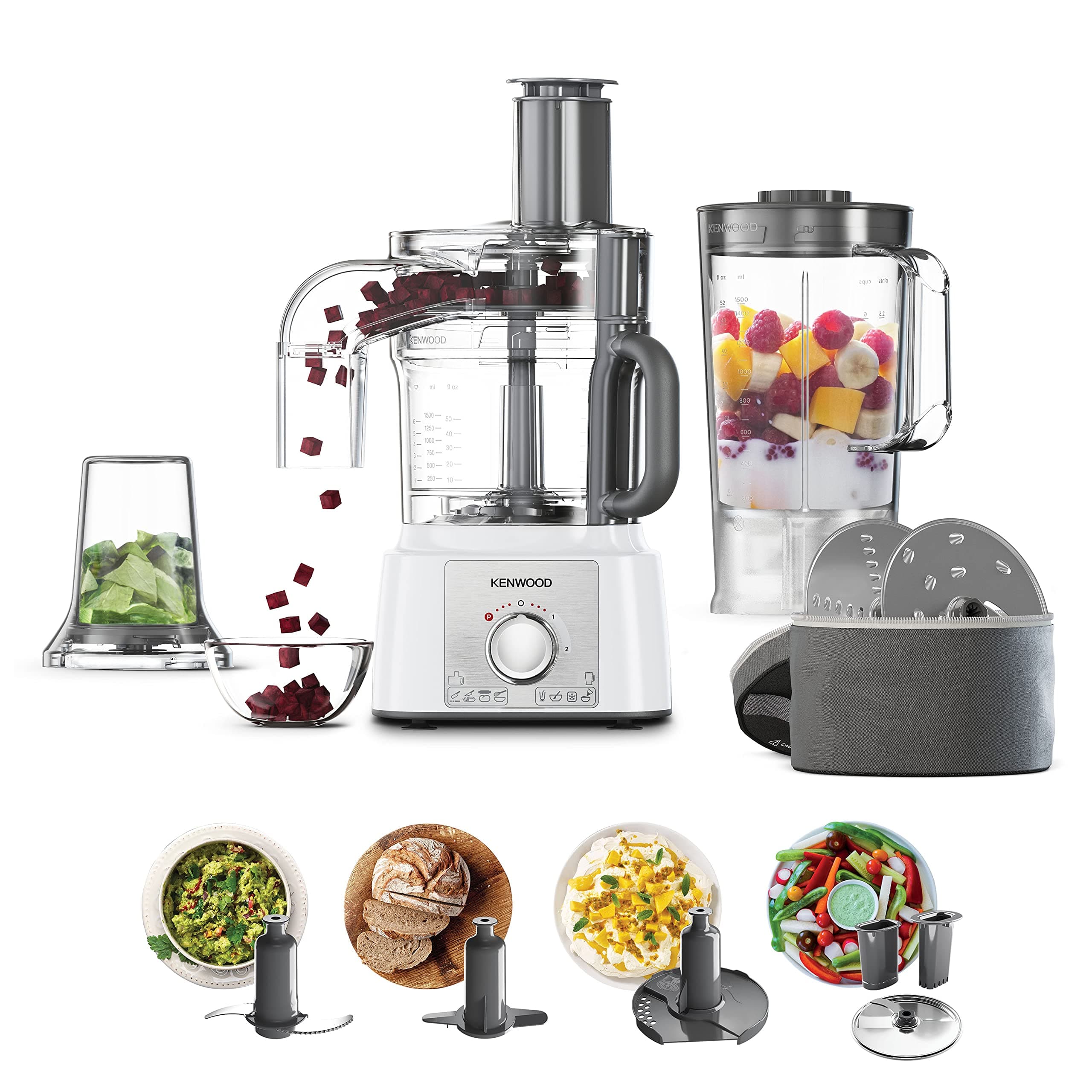 FDP65.860WH food processor with 9 attachments. Express Serve and Dice, 1.5L Jug blender and mini chopper, White