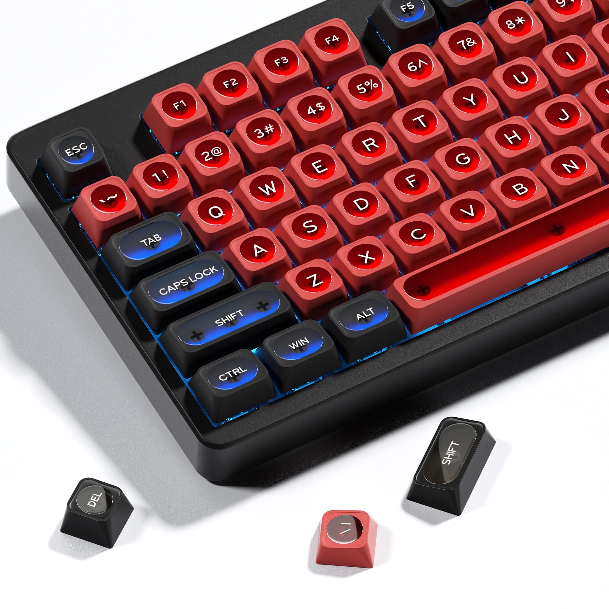 XVX MAX Profile Translucent Shine-Through Keycaps, 136-Key PBT Keycaps with Crescent Moonlight Design for 75% Mechanical Keyboards (Black & Red Custom Jelly Style)