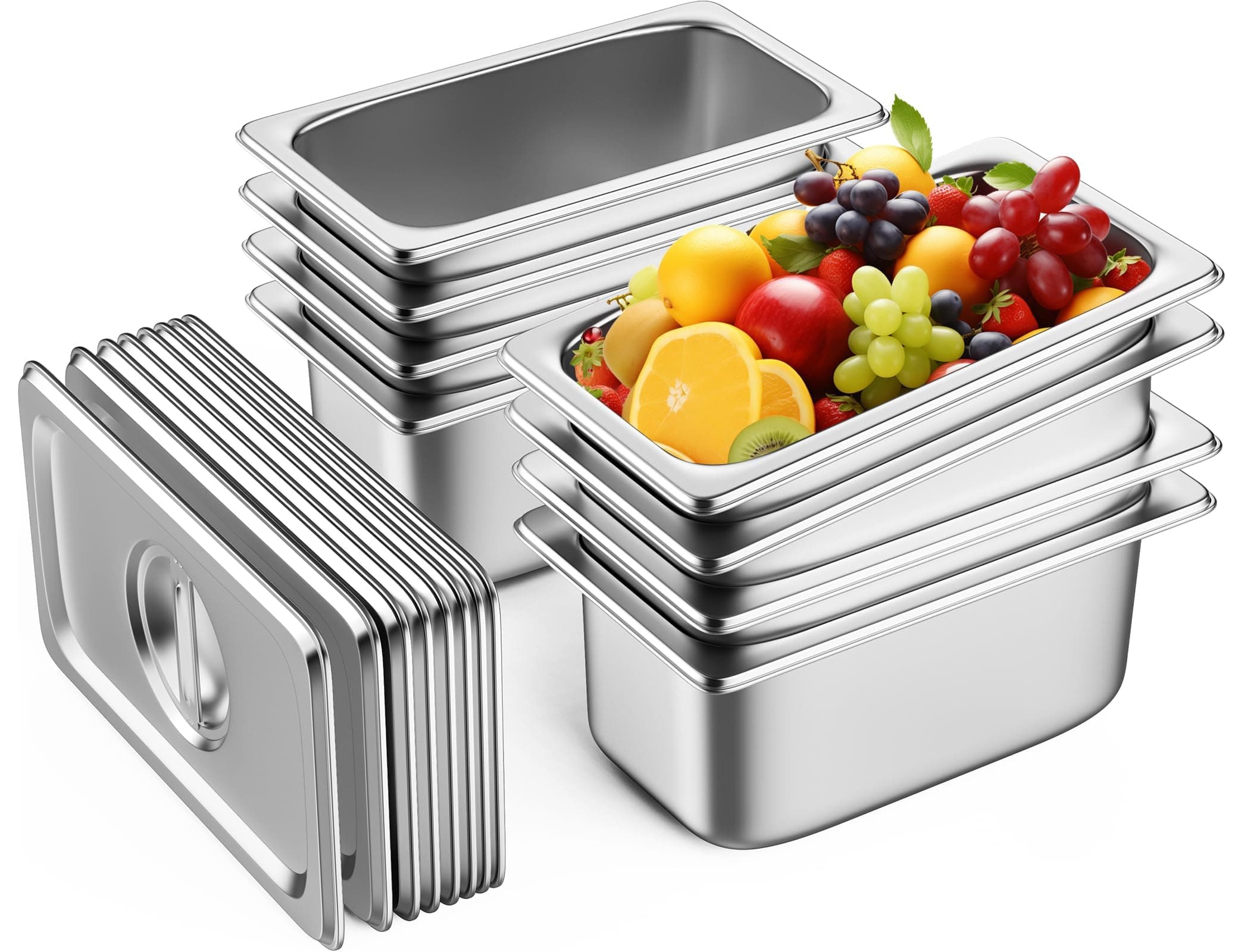 8 Pack Hotel Pans with Lids, 1/4 Size 6" Deep Stainless Steel Steam Table Pan 22 Gauge Anti Jam Commercial Catering Food Pans for Hotel, Home, Party, Restaurant, Buffet