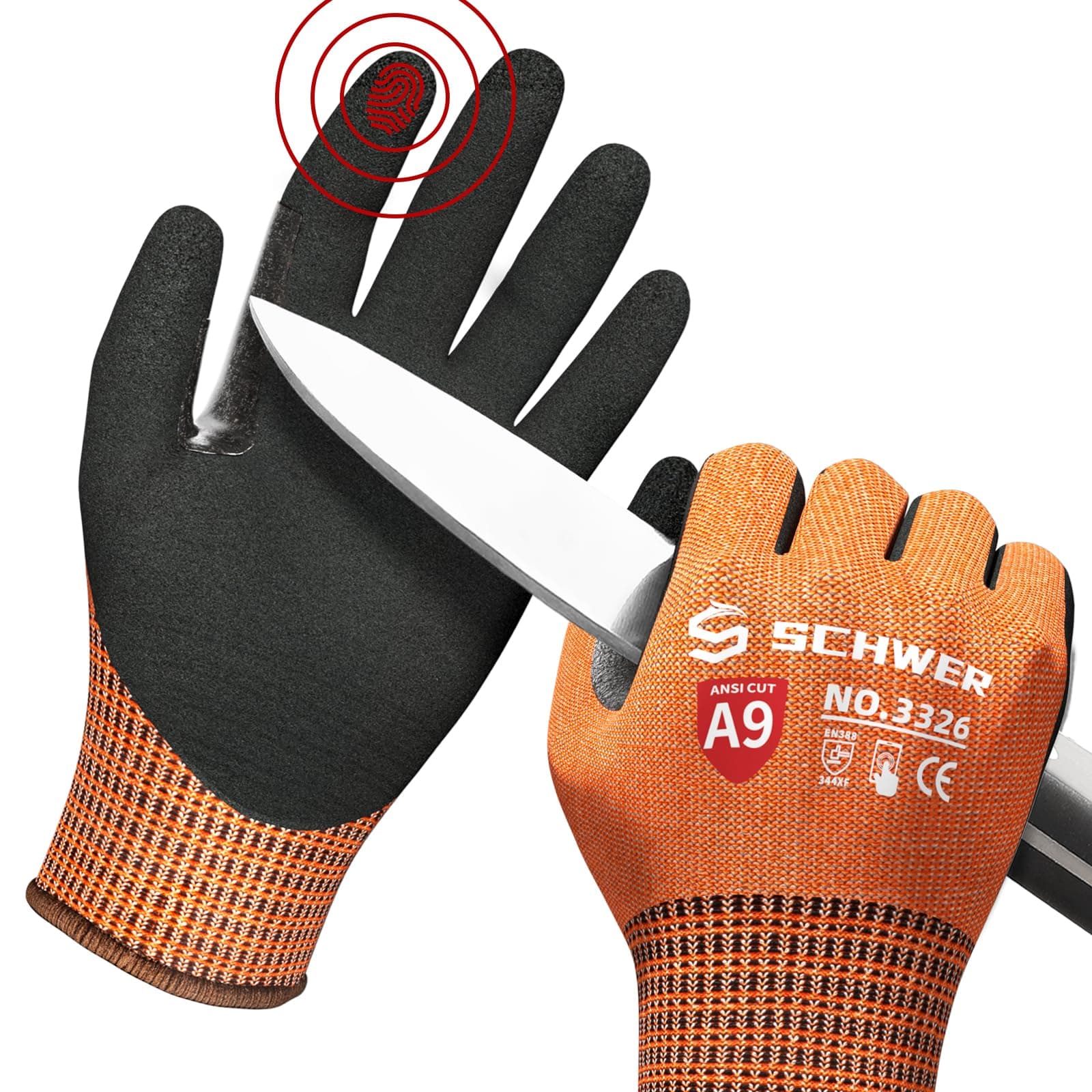 Schwer ProGuard Highest Level Cut Resistant Work Gloves PR3326 for Extreme Protection,ANSI A9 Cut Gloves with Reinforced Thumb, Non Slip, Non PFAS, Durable, Touch-screen, Orange 1 Pair(XXL)