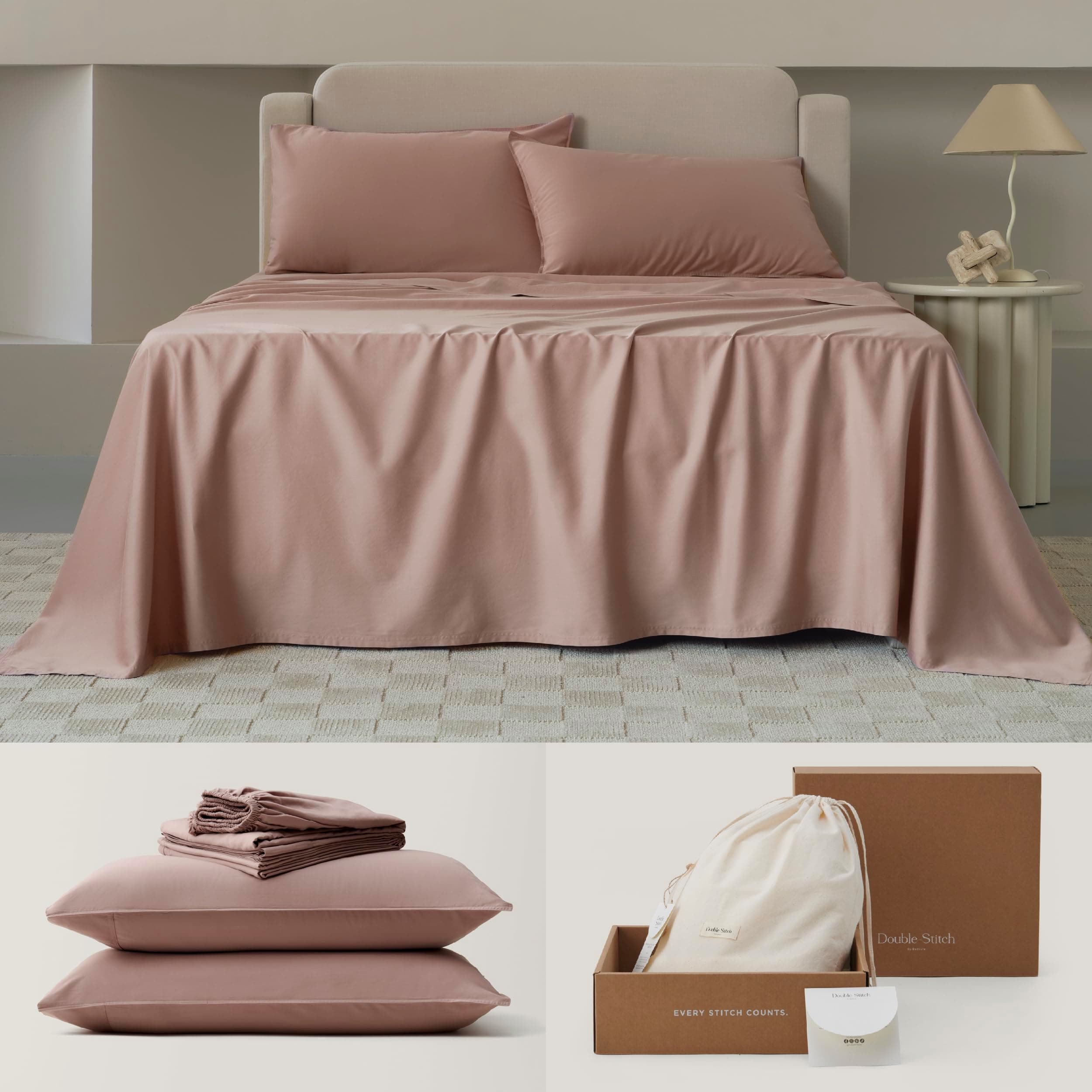 Double Stitch Cotton Tencel Sheet - Bed Sheets Set King Size, 4Pc Luxury Hotel Bedding Set, Soft, Cooling & Breathable for Hot Sleepers, Deep Pocket Up to 16 Inches, Dusty Mauve