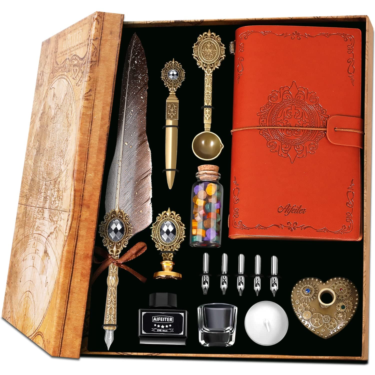 – MPRINCE Feather Pen Ink Set,Includes Quill Pen,Notebook,Ink,5 Replaceable Nibs,Pen Holder,Cup,Seal Stamp,Spoon,Wax Bead,White Wax,Envelope & Letter Paper Etc-Grey