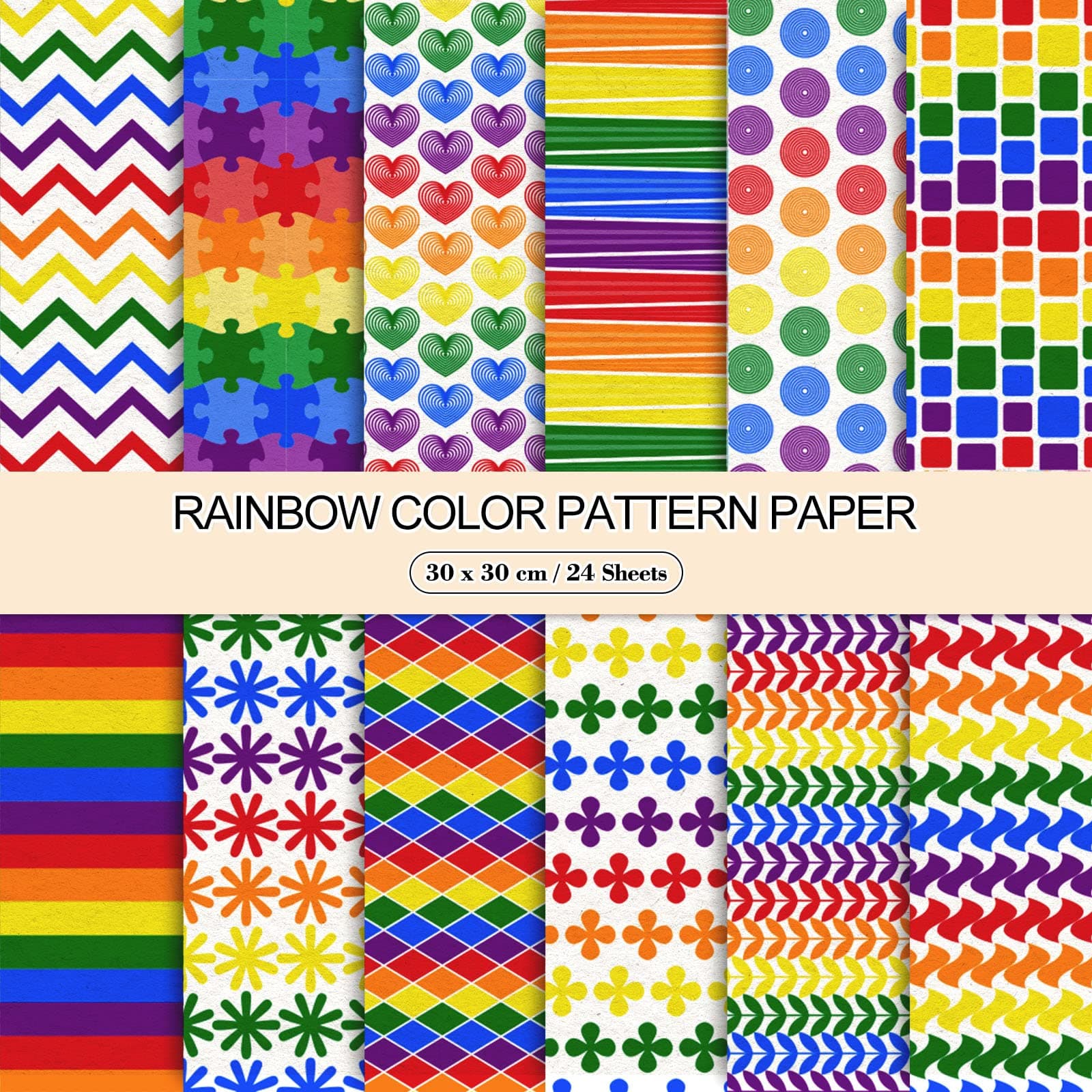 Whaline 24 Sheet Rainbow Pattern Paper Set Rainbow Color Scrapbook Paper 30 x 30cm Double-Sided Bright Color Decorative Craft Paper for Pride Day Card Die Cuts Making Photo Album Decoration