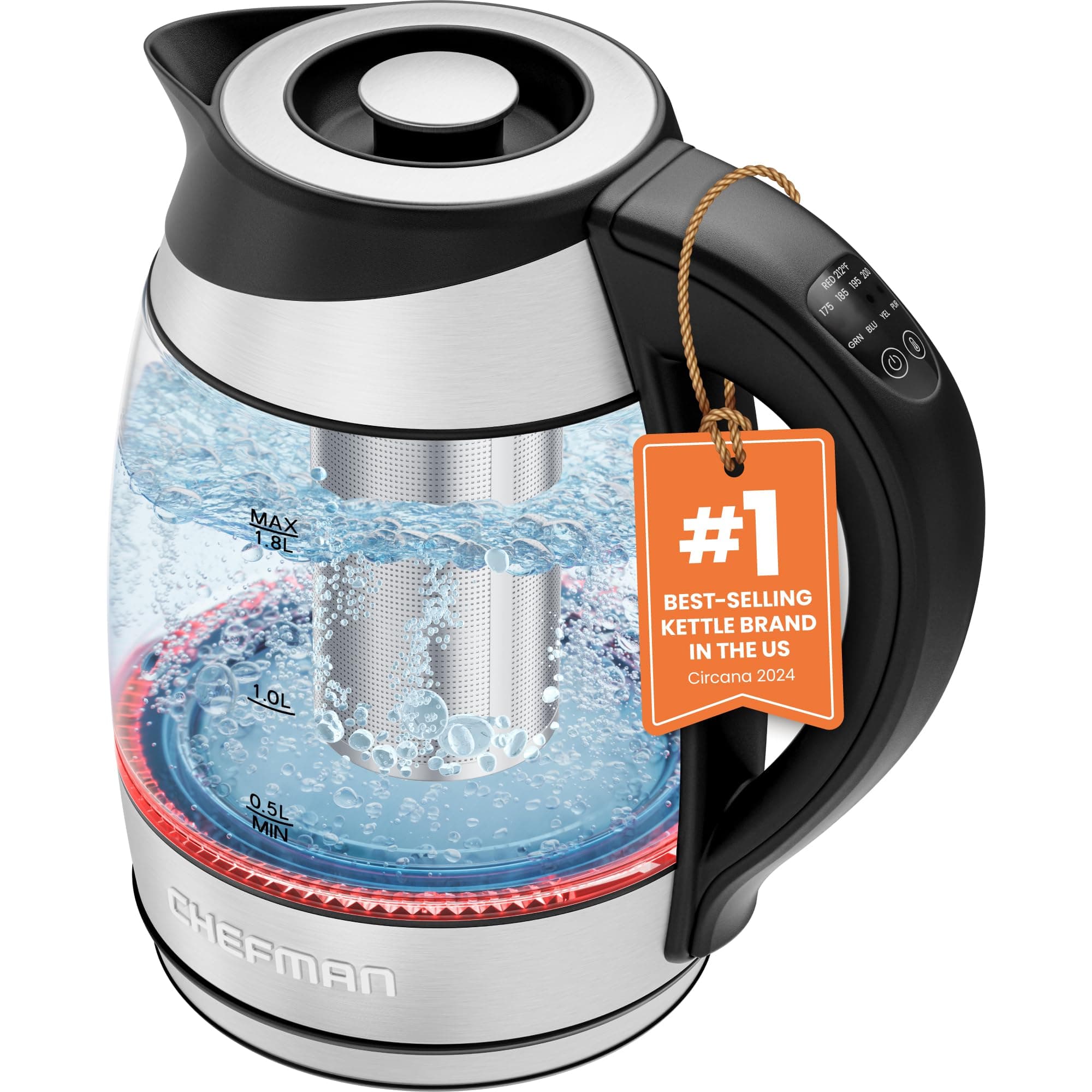 Chefman Electric Kettle w/Temperature Control, Removable Tea Infuser, 5 Presets LED Indicator Lights, 360° Swivel Base, BPA Free, Stainless Steel, 1.8 Liters