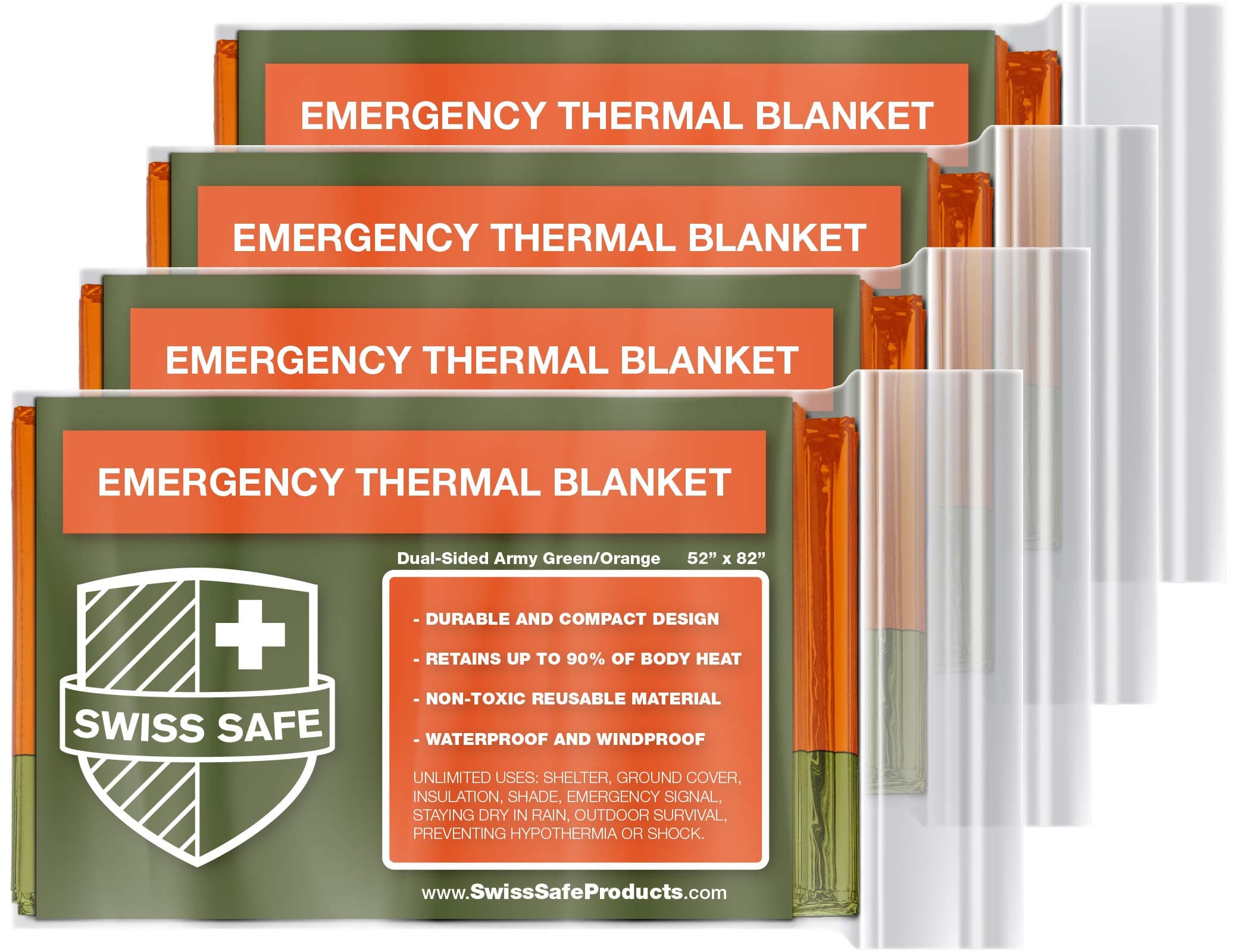 Swiss Safe 4 Pack Mylar Emergency Blankets for Survival - Compact & Insulated for Cold Weather - Designed for NASA, Outdoor, Running, Camping, Survival, First Aid Car Kit - Orange & Green, 4 Pack