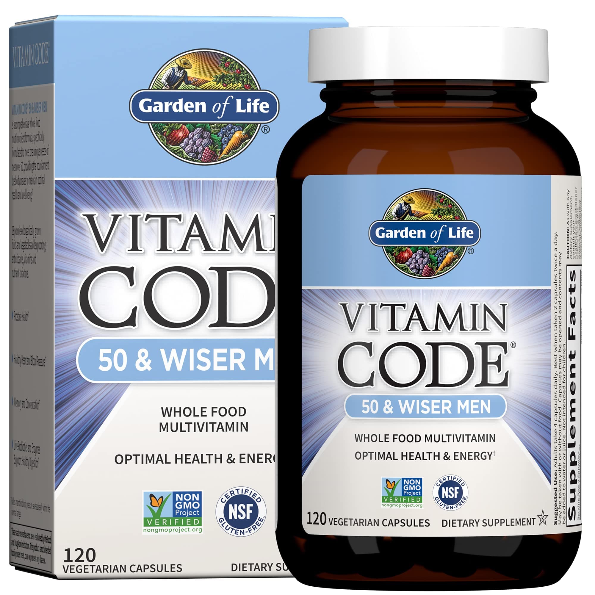 Garden of Life Multivitamin for Men - Vitamin Code 50 & Wiser Men's Raw Whole Food Vitamin Supplement with Probiotics, Vegetarian, 120 Capsules