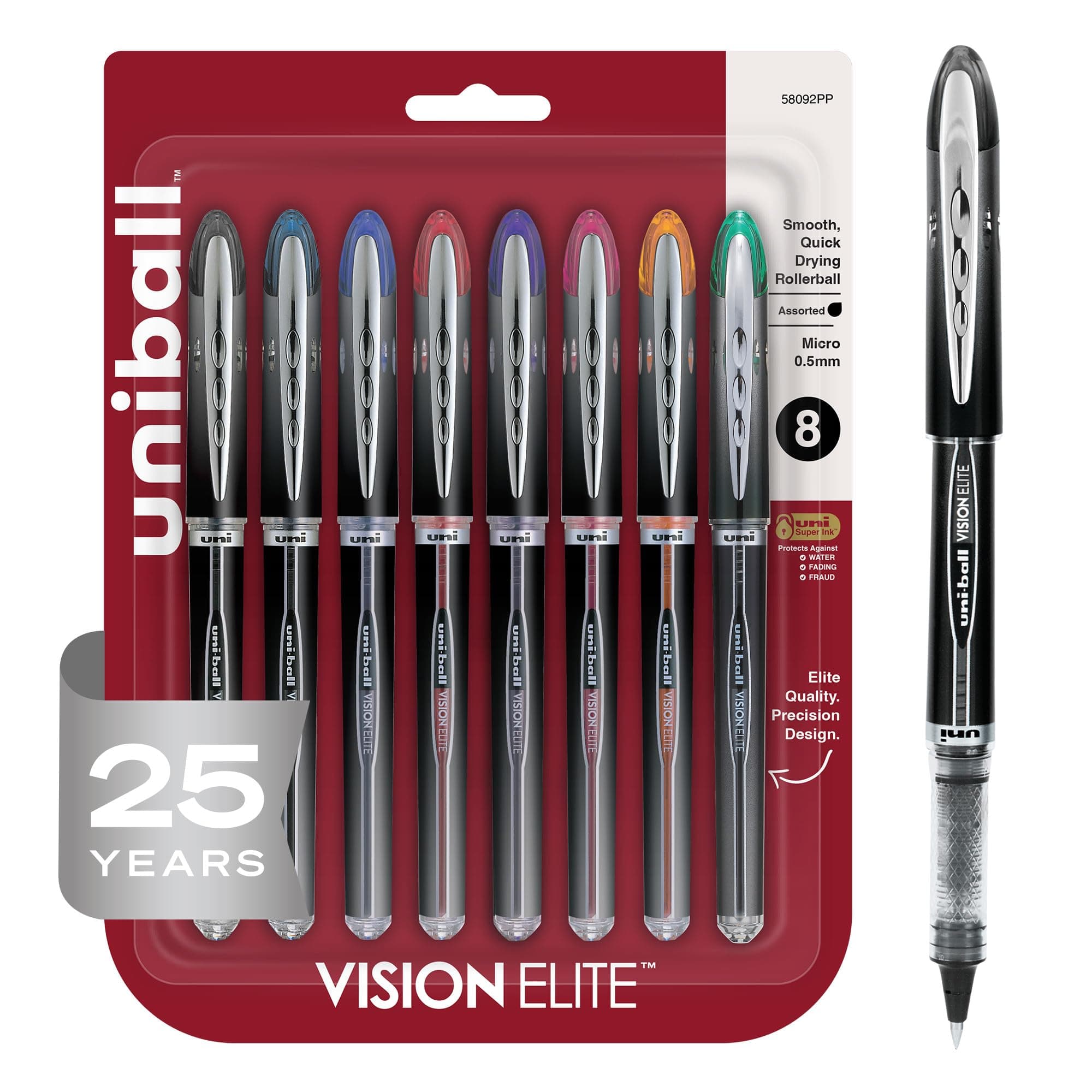 uniball Vision Elite Roller Ball Pen, Stick, Micro 0.5 Mm, Assorted Ink Colors, Black Barrel