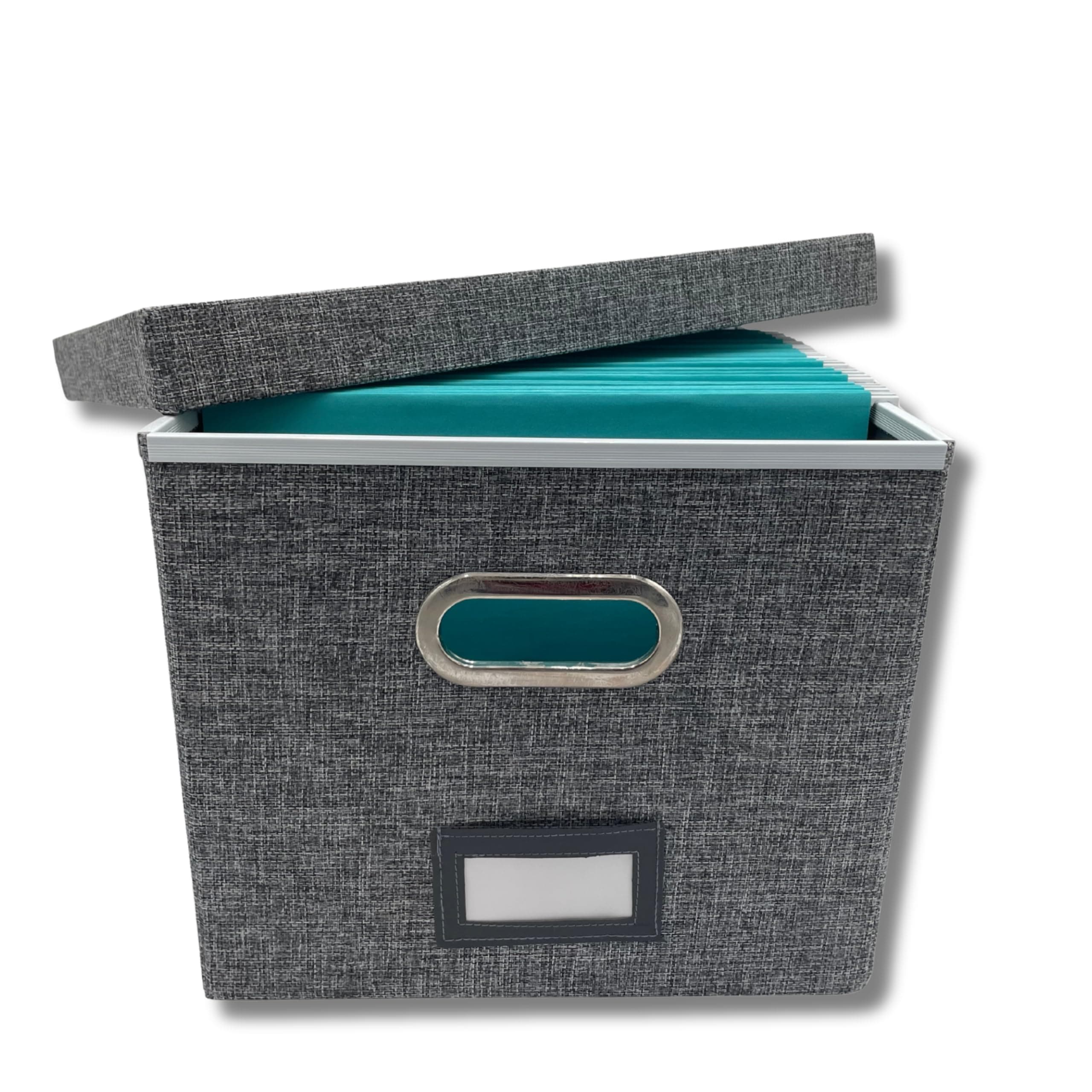 File Box Folder Organizer with lid - Decorative Linen Hanging File Box with Handles - Letter/Legal Office File Storage Box - Document Storage (Without Folders)