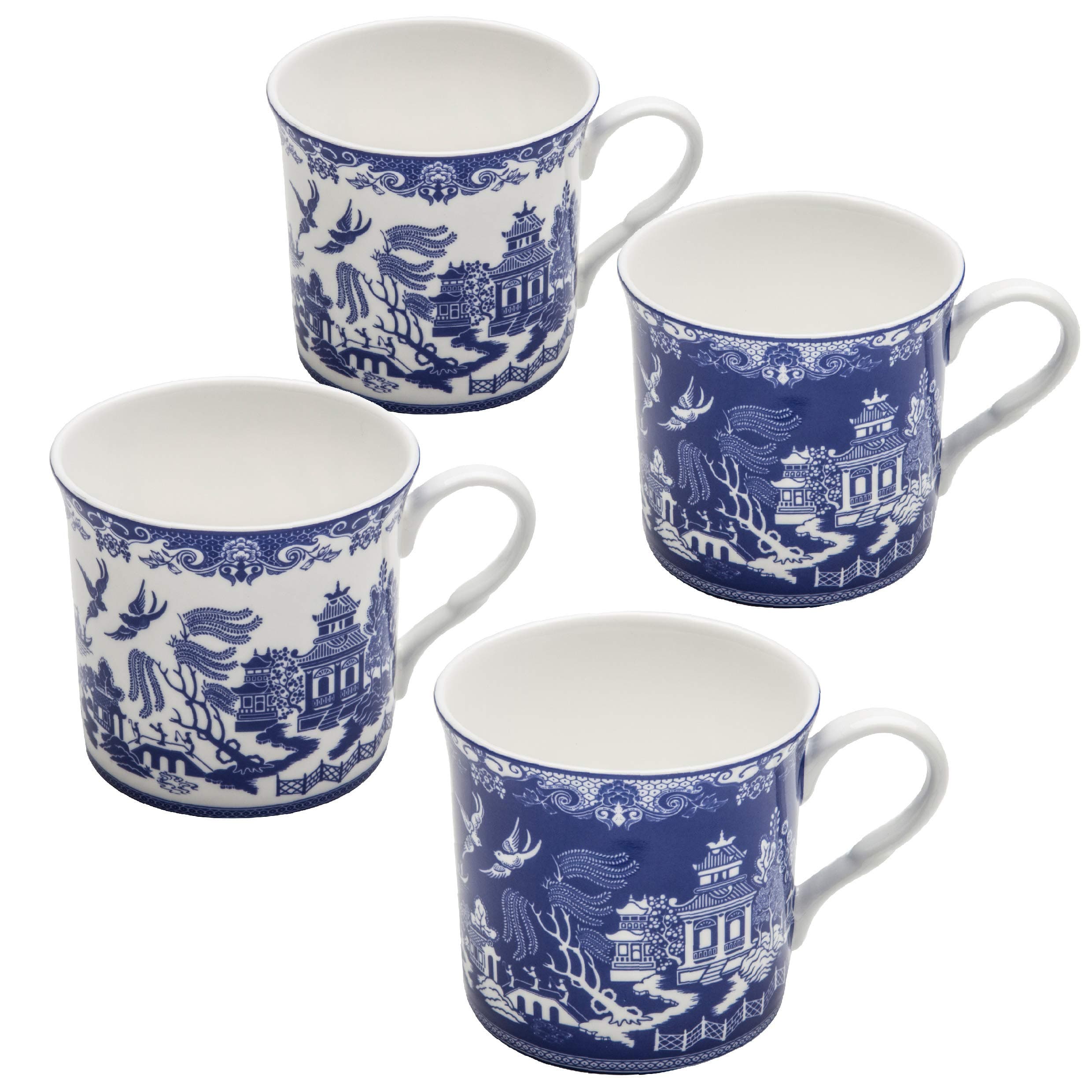 Blue Willow Bone China Coffee Tea Mugs 10-Ounce (2 Assorted Patterns, Set of 4)