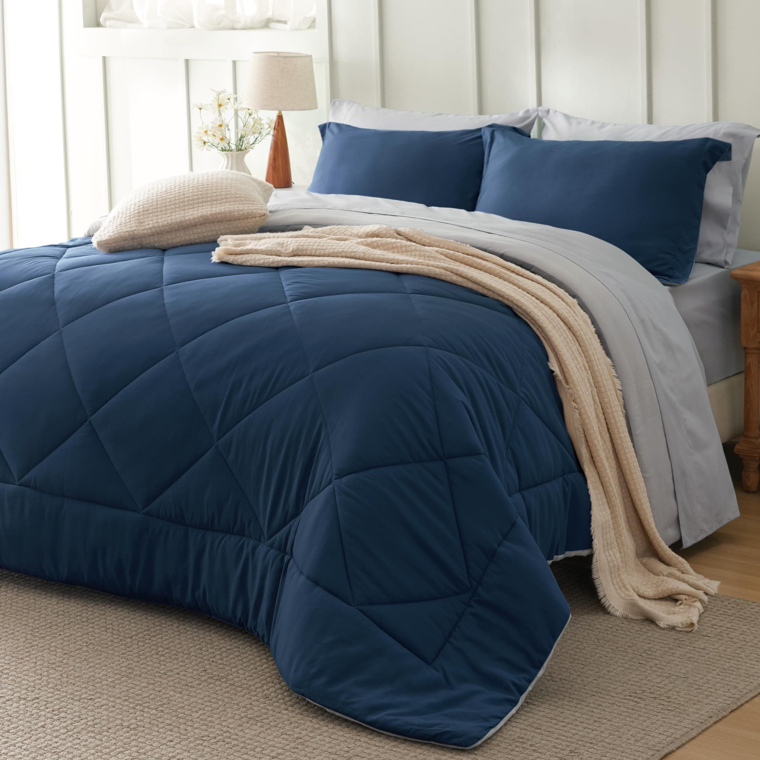 Queen Comforter Set - 7 Pieces Reversible Navy Bedding, Queen Size Bed Set for All Seasons, Bed in a Bag with Down Alternative Comforter, Sheets, Pillowcases & Shams