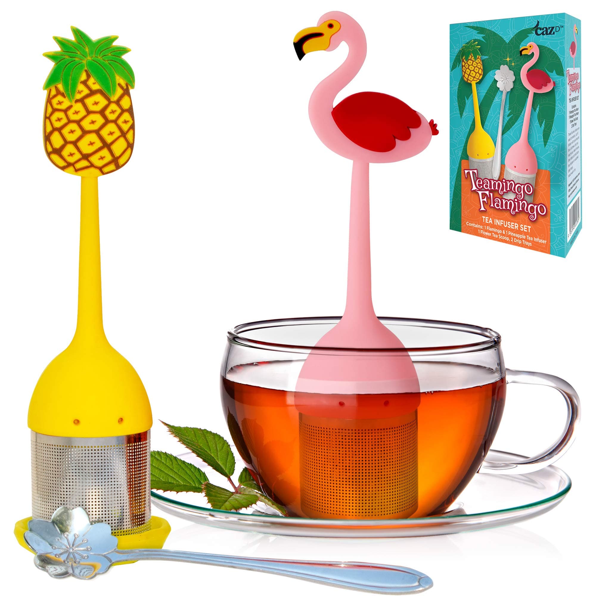 CAZD Loose Leaf Tea Infuser Gift Set. Fun Pineapple & Flamingo Silicone & Fine Mesh Tea Basket. Cute Tea Steepers with Bonus Tea Scoop. Great for Iced Tea.