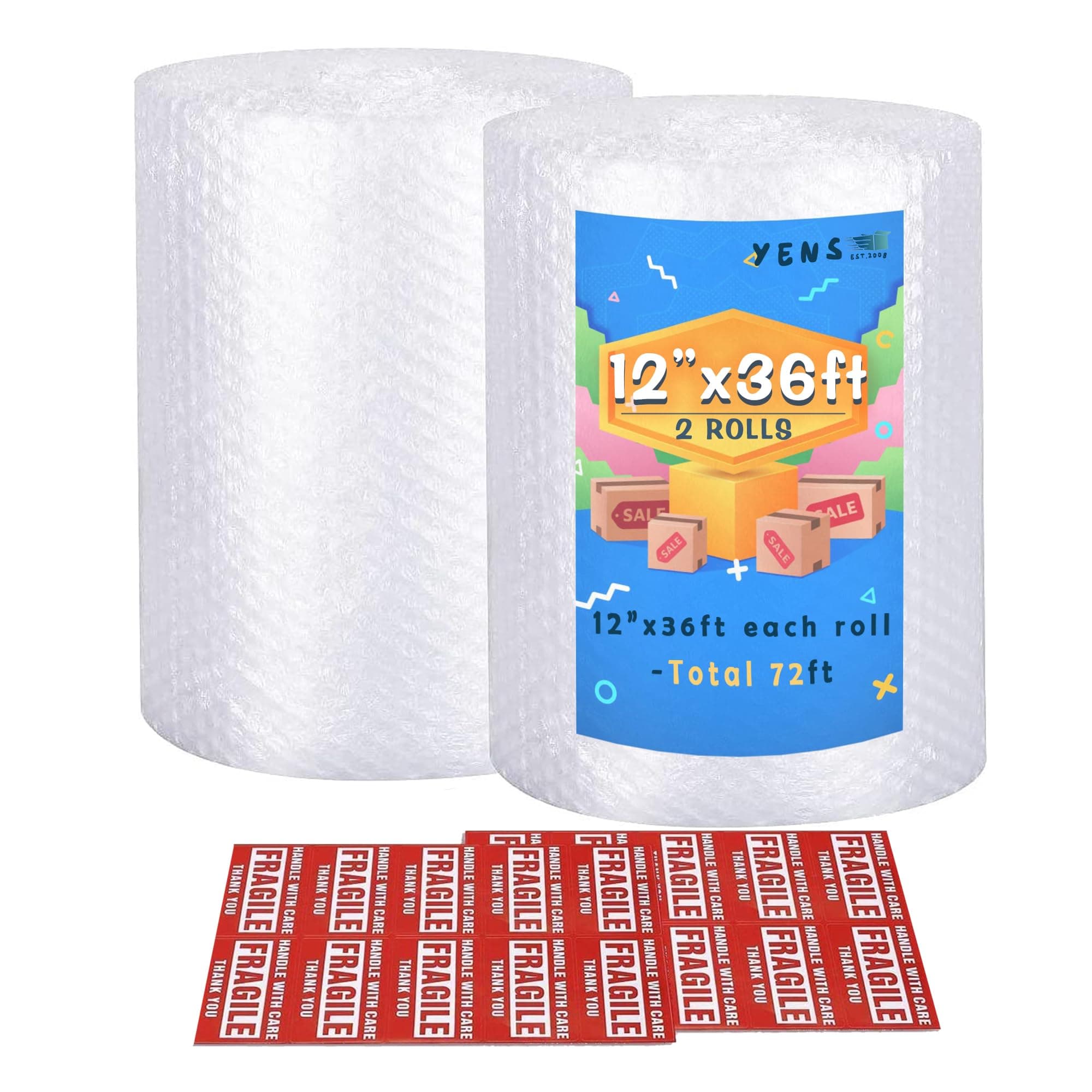 Nylon Bubble Cushioning Rolls 72 ft 12 Inch width Packing Materials 3/16" AIR Bubble Perforated every 12" wrap 20 bonus Fragile Stickers