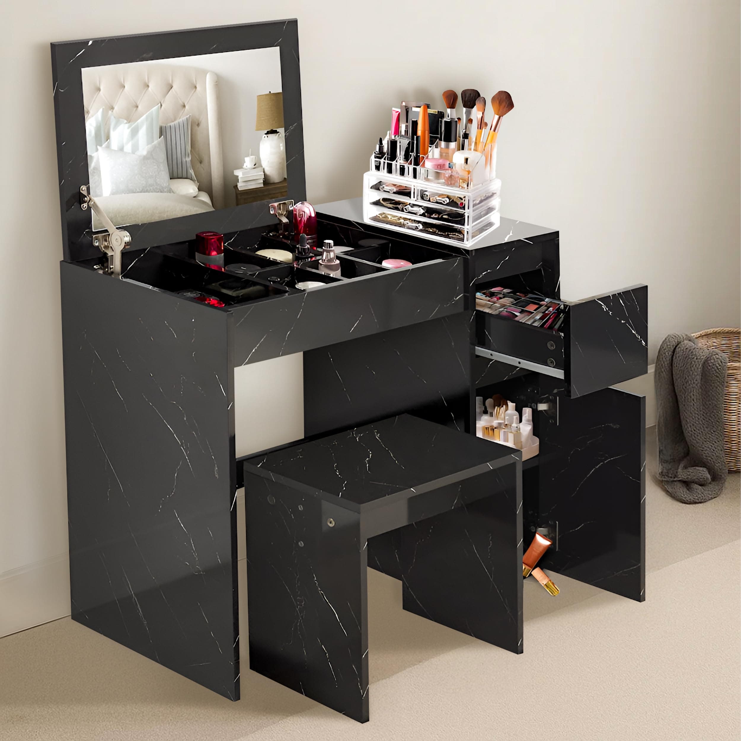 Vanity Desk Dressing Table with Flip Up Mirror and Stool Bedroom Makeup Desk Vanity Table Writing Desk Dresser Make up Table For Bedroom Furniture, Black Marble, 81L x 40 W x 69 H cm