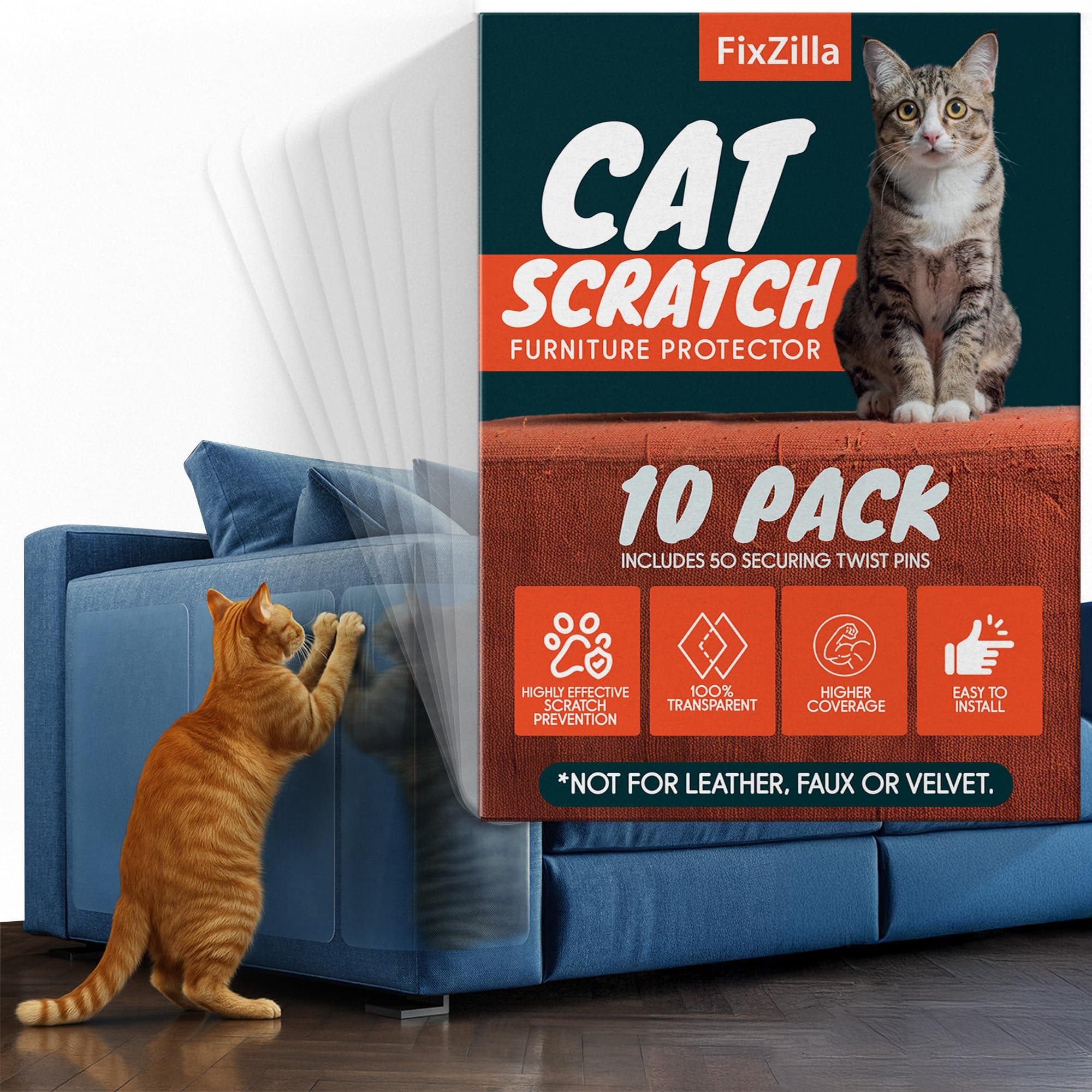 Anti Cat Scratch Furniture Protector, 10-Pack Couch Protector from Cat Claws – Heavy-Duty, Easy-to-Apply Scratching Deterrent and Shield for Sofa Corners, Walls, Doors- with 50 Twist Pins