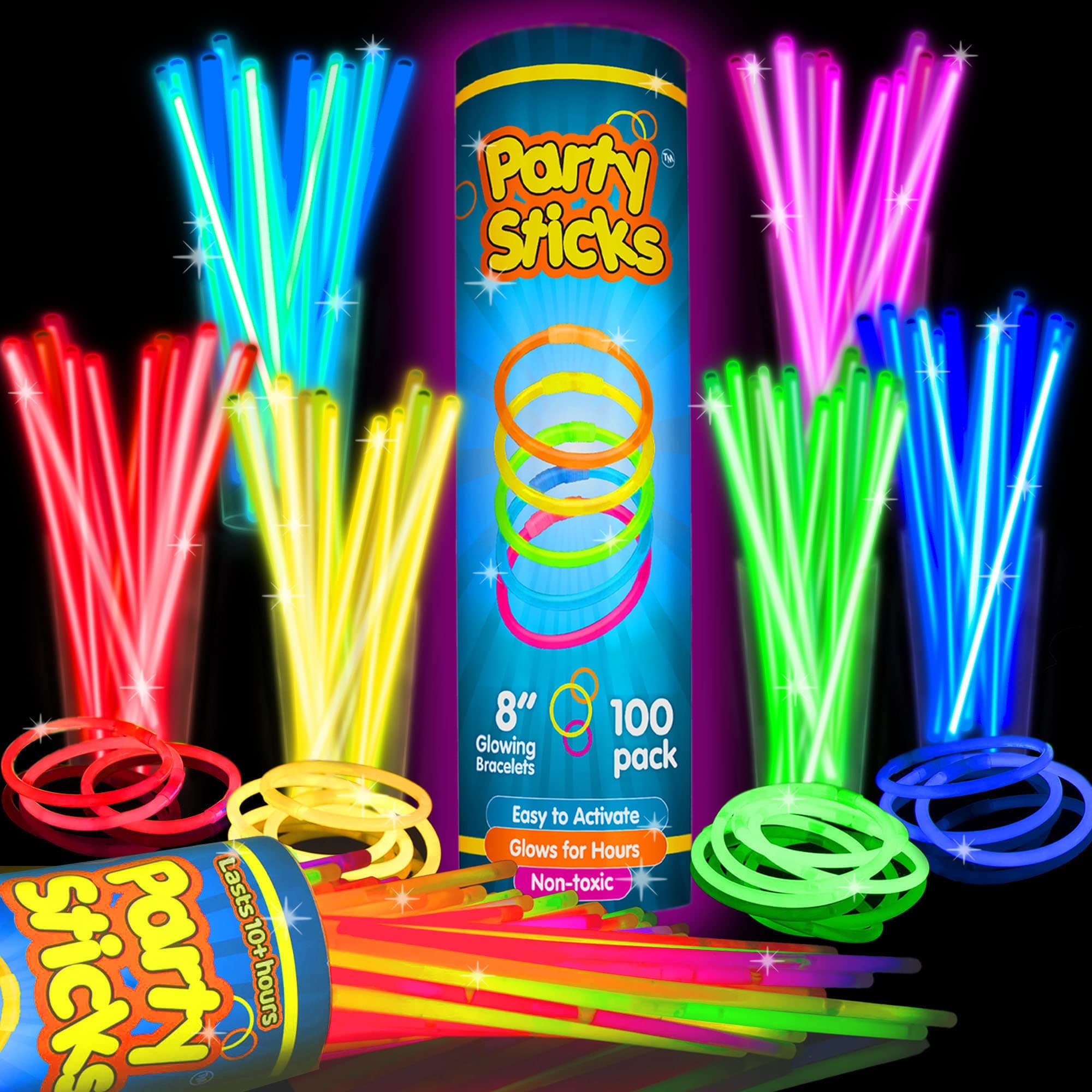 100 Count Bulk Assorted Glow Sticks in 5 Vibrant Shades (Pink, Green, Blue, Yellow, Orange), 8 Inches | Last 8 - 10 Hours | Safe, Non Toxic, Waterproof Bracelets Party Pack by PartySticks