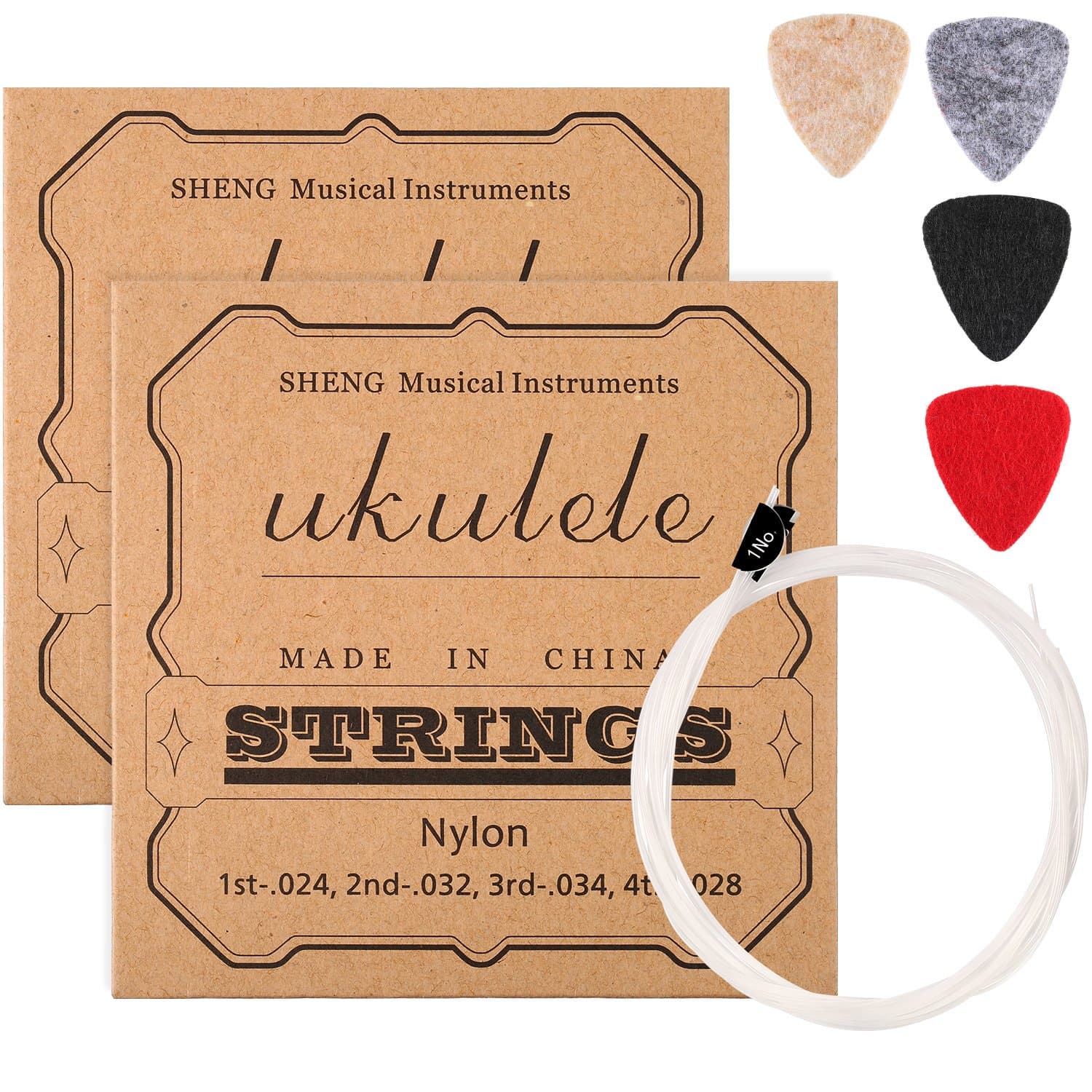 2 Sets of Nylon Ukulele Strings with 4 Felt Picks, Strings are White, Picks are Yellow, Gray, Black, Red
